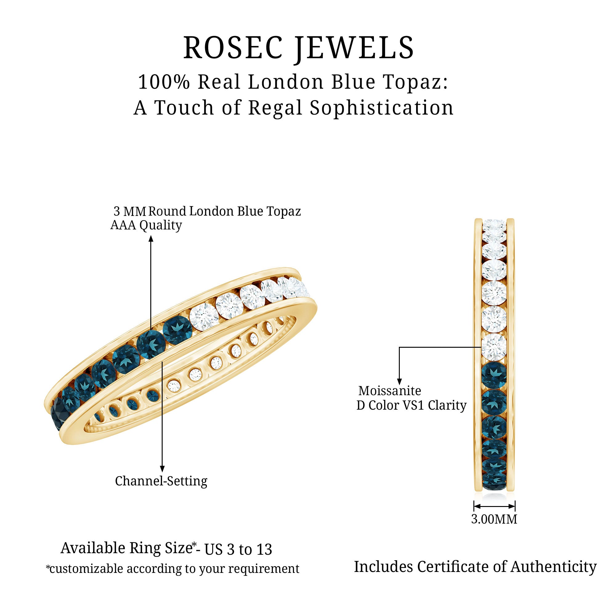 London Blue Topaz and Moissanite Eternity Ring With Certificate AAA - Rosec Jewels