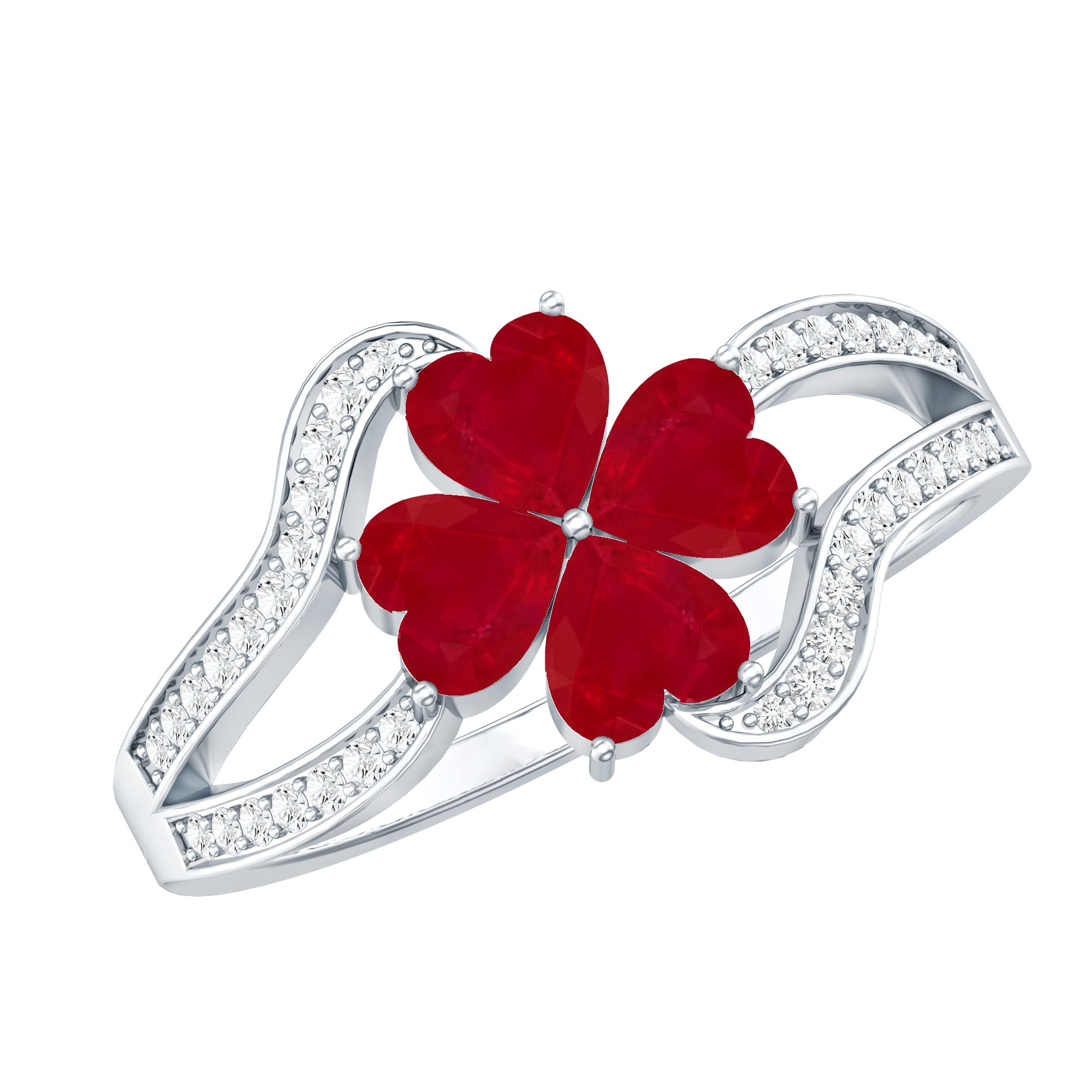 Real 1.8 Carat Ruby Flower Engagement Ring with Diamond Split Shank