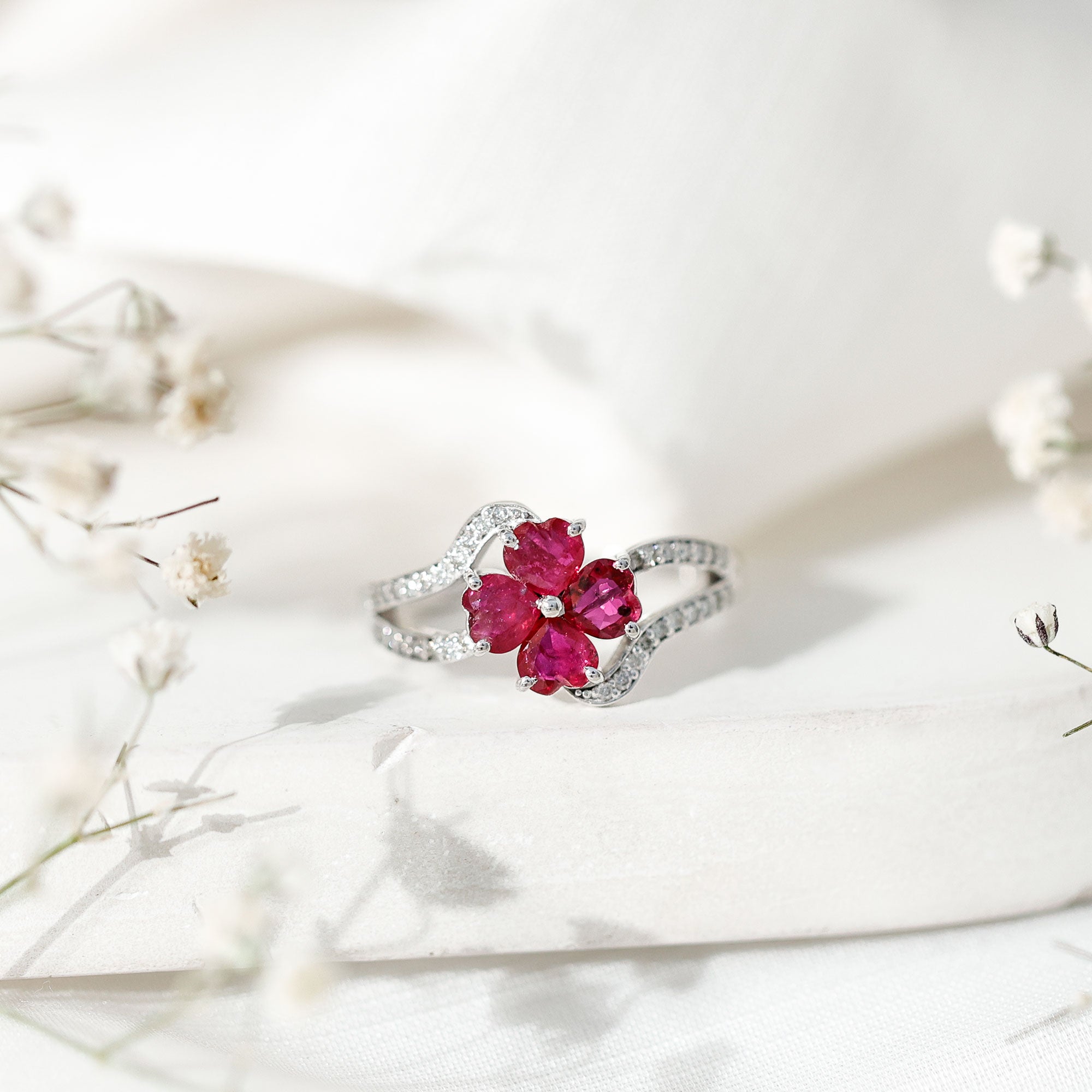Real Ruby Flower Engagement Ring with Diamond Split Shank AAA - Rosec Jewels