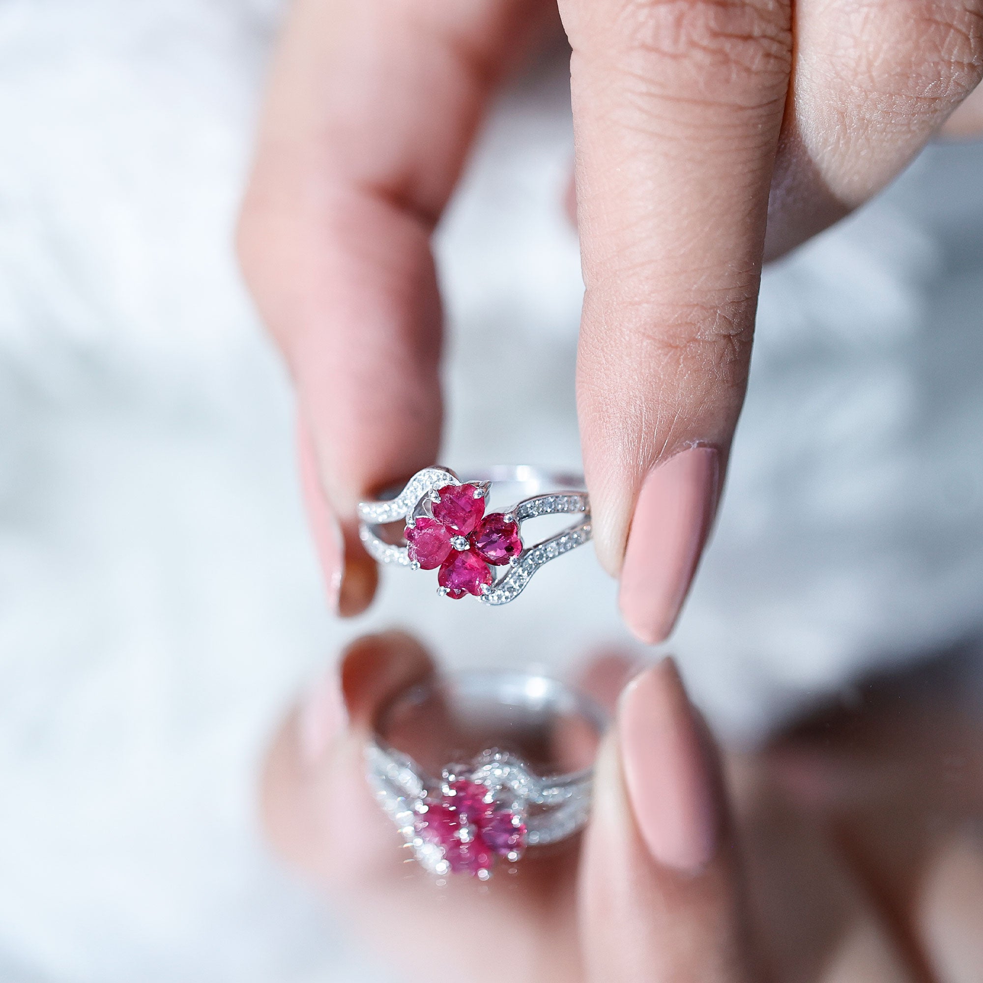Real Ruby Flower Engagement Ring with Diamond Split Shank AAA - Rosec Jewels