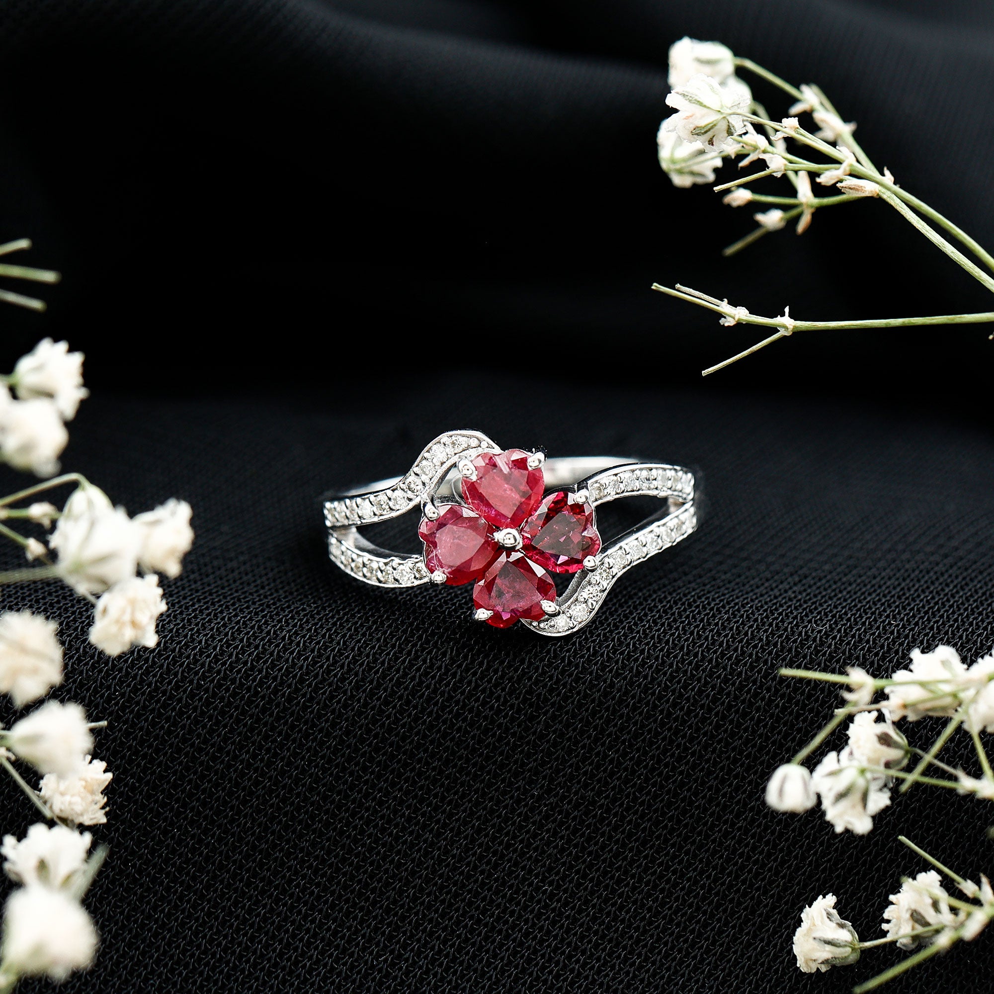 Real Ruby Flower Engagement Ring with Diamond Split Shank AAA - Rosec Jewels