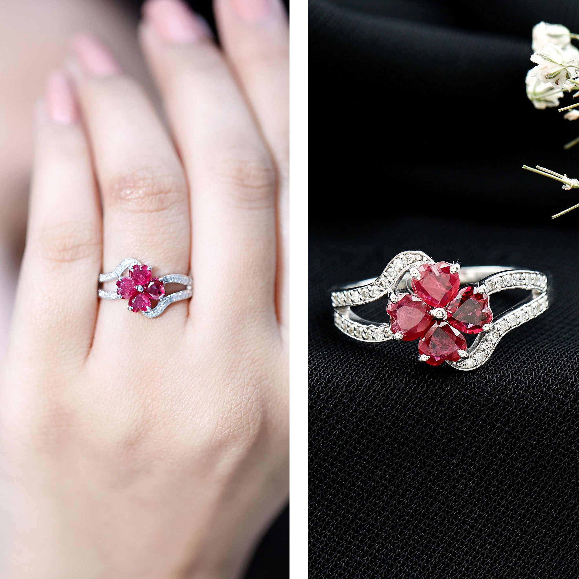 Real Ruby Flower Engagement Ring with Diamond Split Shank AAA - Rosec Jewels