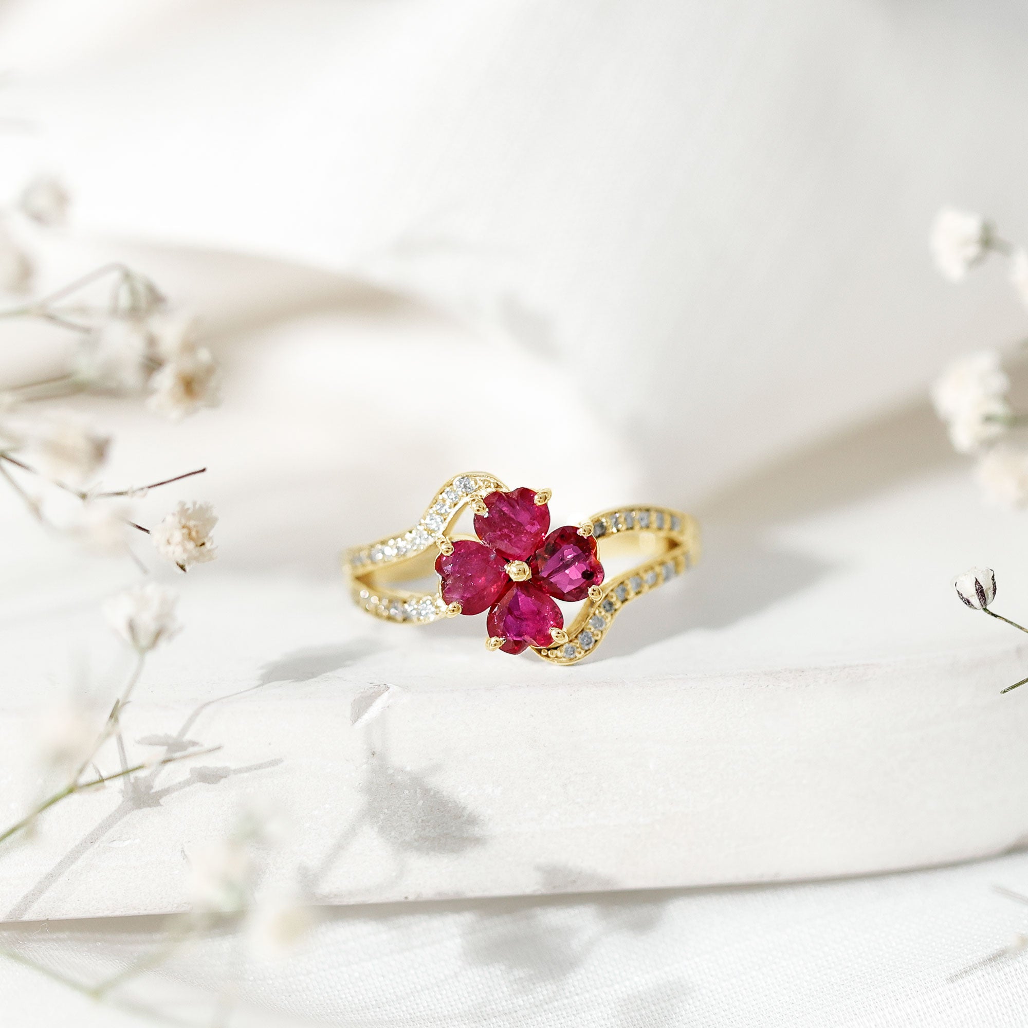 Real Ruby Flower Engagement Ring with Diamond Split Shank AAA - Rosec Jewels