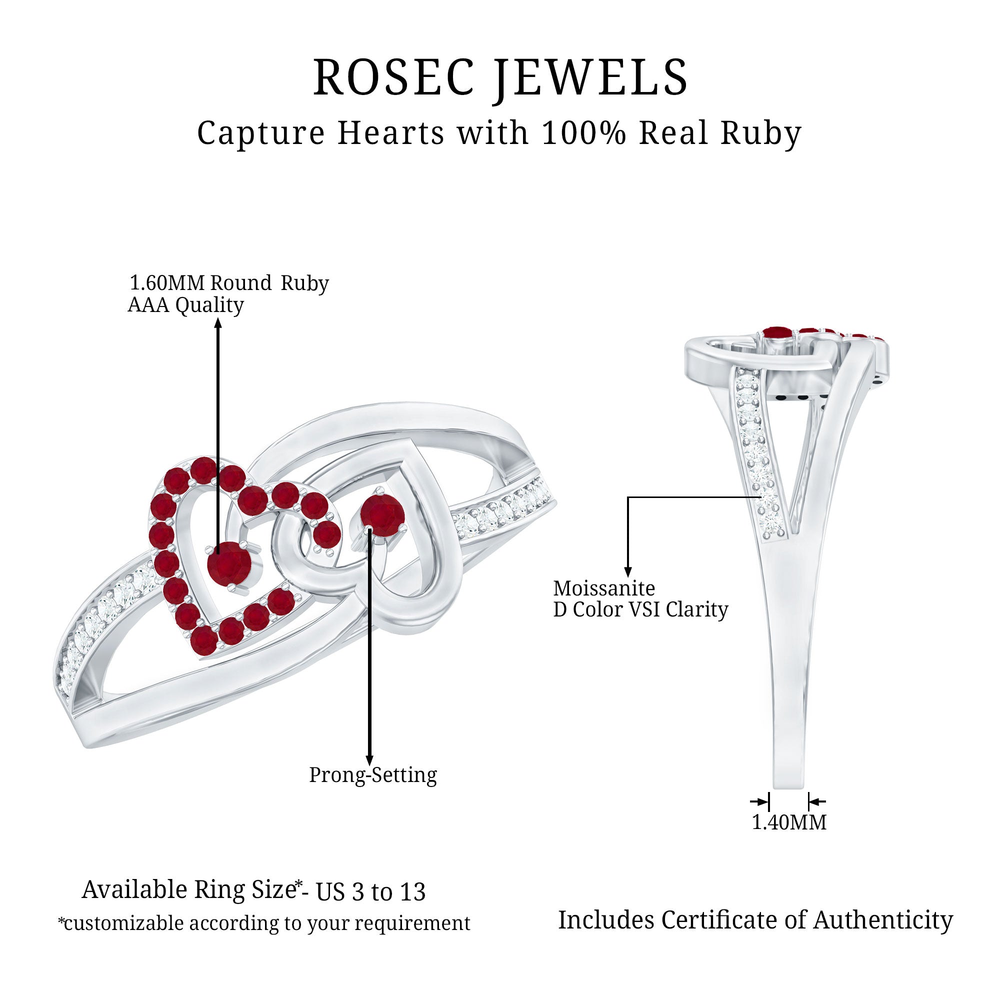 Natural Ruby Diamond Double Heart Promise Ring for Women AAA - Rosec Jewels