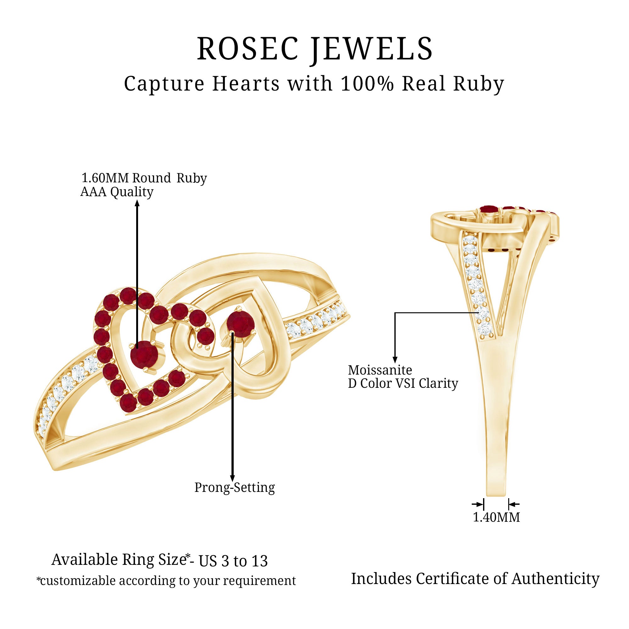 Natural Ruby Diamond Double Heart Promise Ring for Women AAA - Rosec Jewels