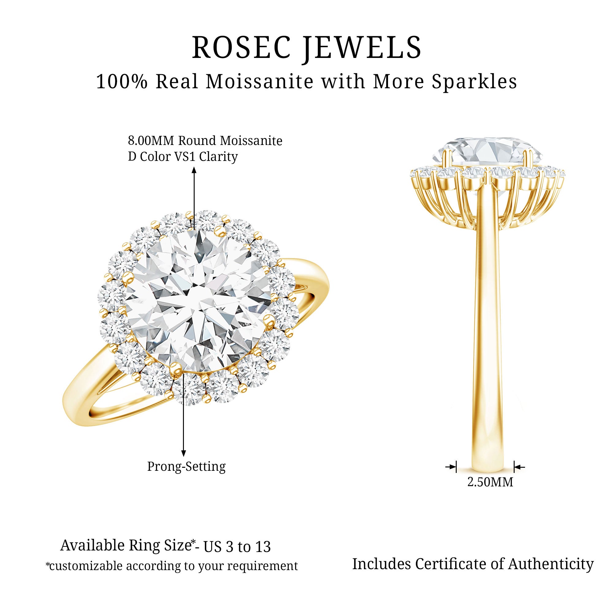 Classic Round Cut Moissanite Big Engagement Ring D-VS1 - Rosec Jewels