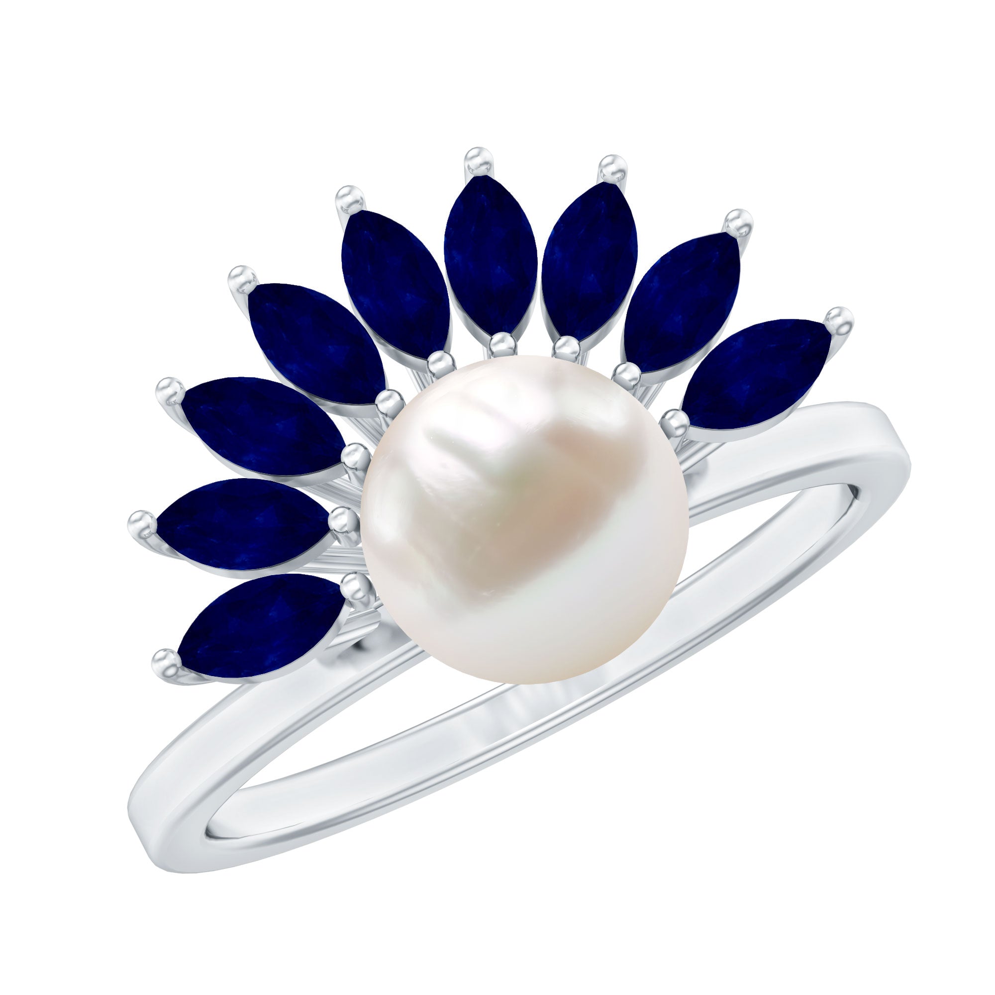 Freshwater Cultured Pearl Floral Inspired Cocktail Ring with Blue Sapphire