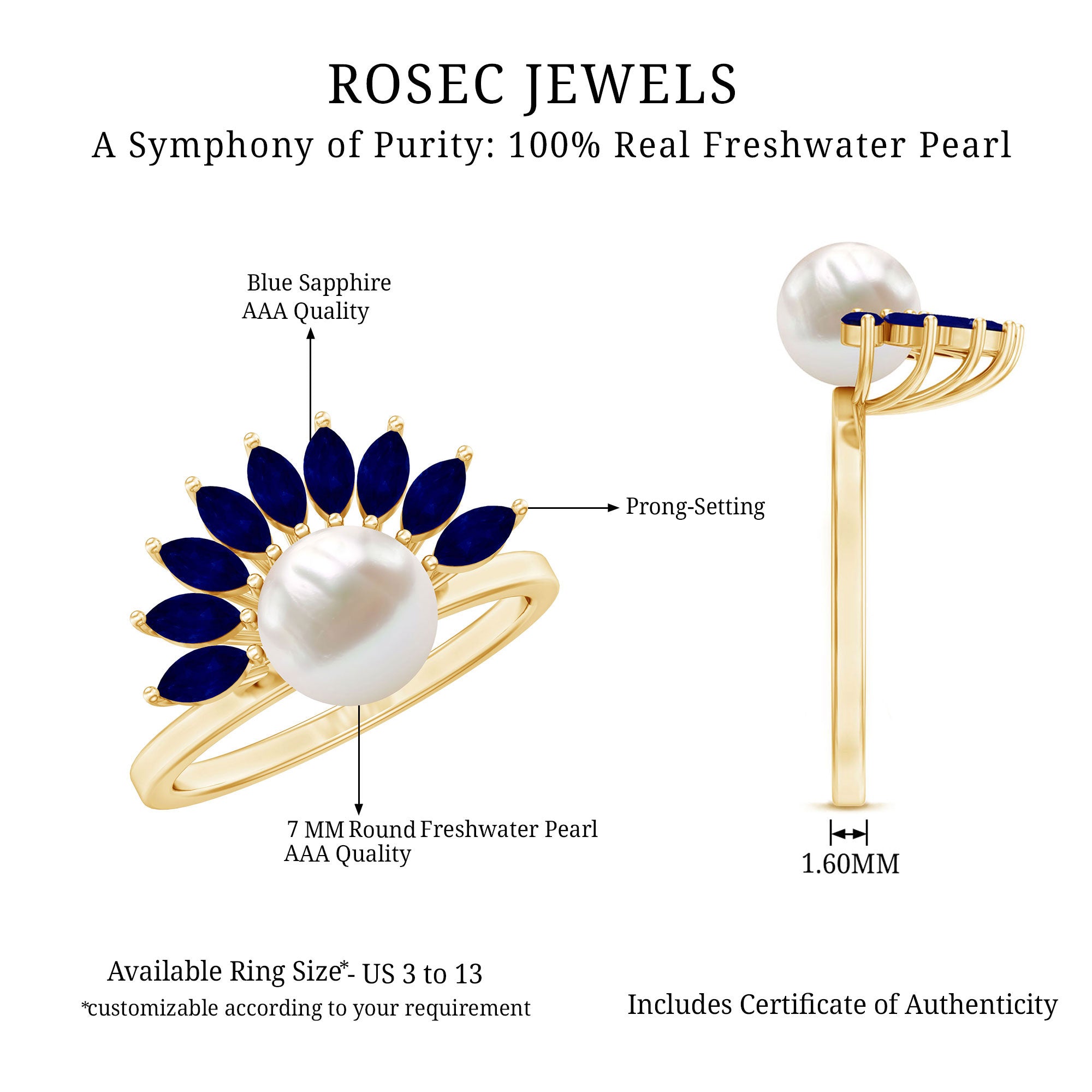 Cultured 3 Carat Freshwater Pearl Engagement Ring with Blue Sapphire AAA - Rosec Jewels