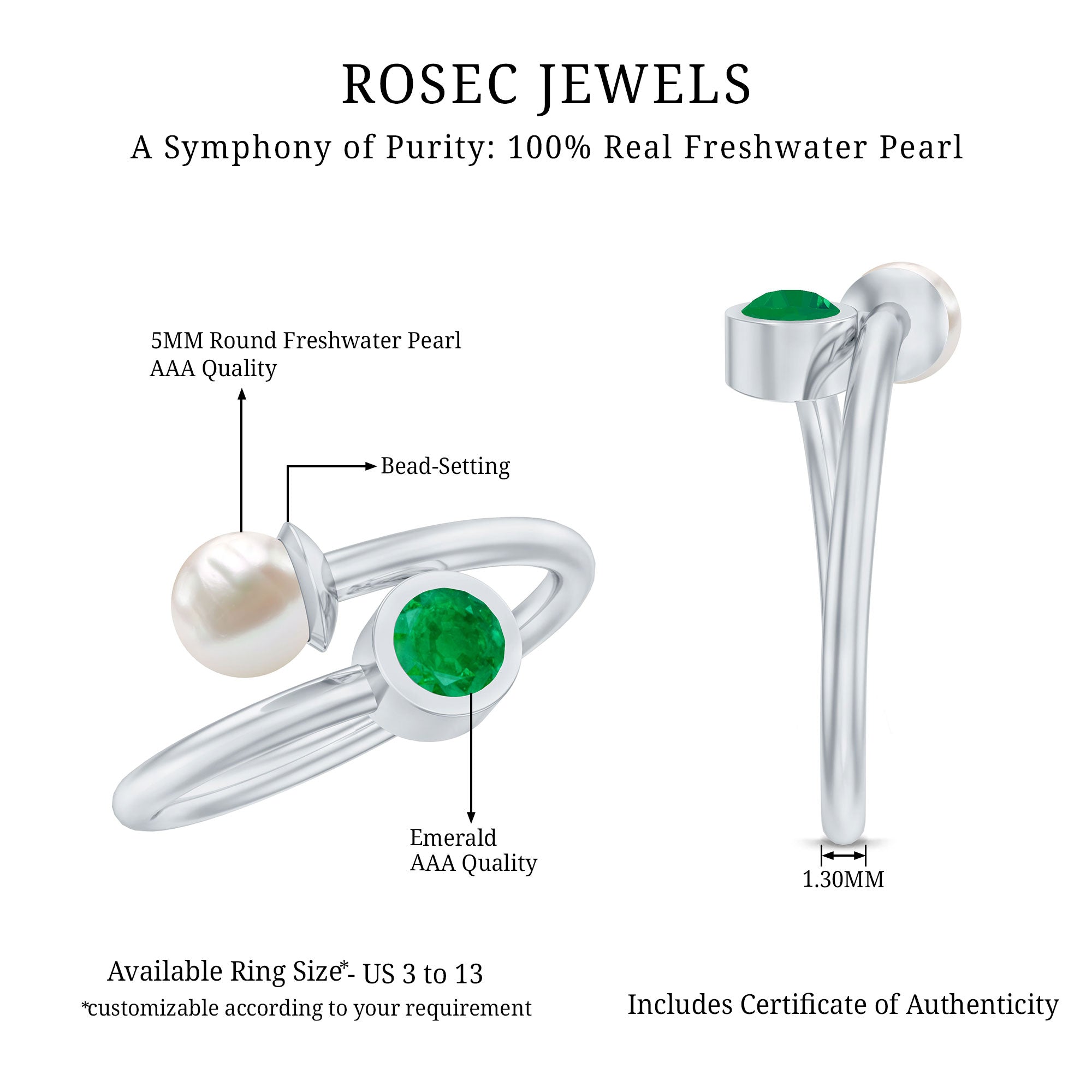 Rosec Jewels-Real Freshwater Pearl and Emerald Toi et Moi Promise Ring