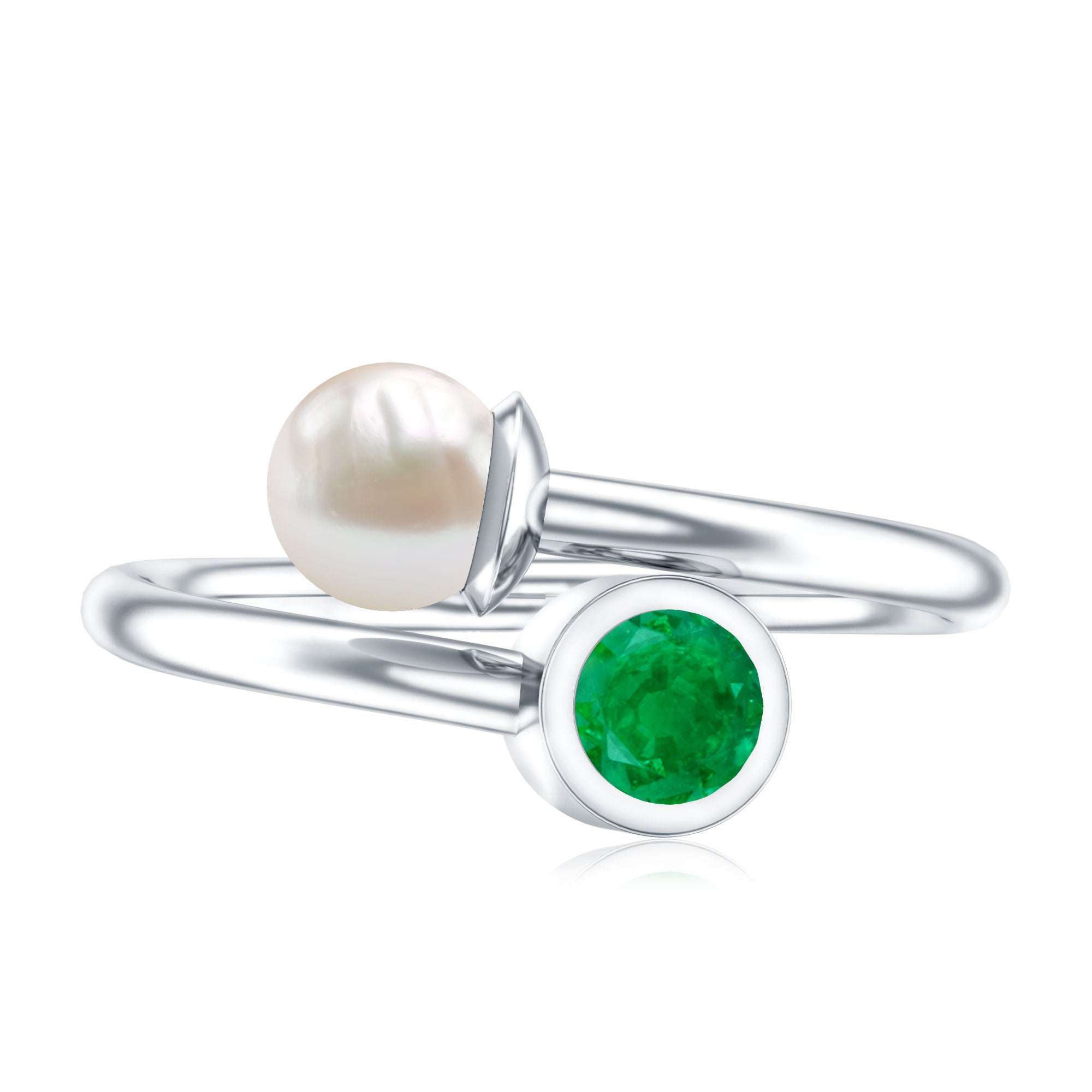 Real Freshwater Pearl and Emerald Toi et Moi Promise Ring AAA - Rosec Jewels