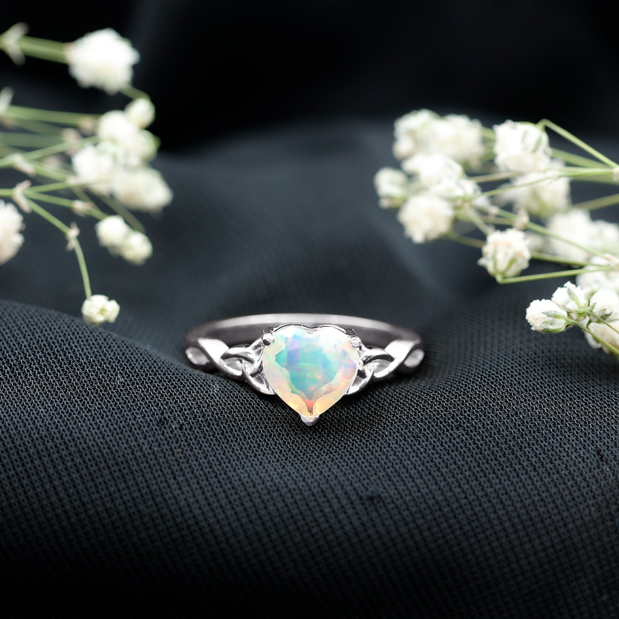 Certified 2 Carat Ethiopian Opal Heart Engagement Ring with Celtic Knot AAA - Rosec Jewels