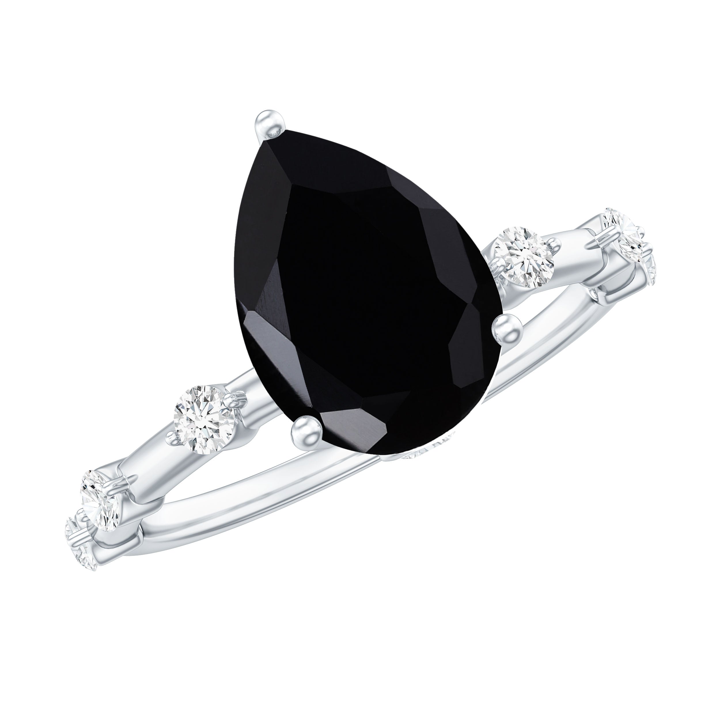 Pear Shape Black Onyx Solitaire Engagement Ring with Diamond AAA - Rosec Jewels