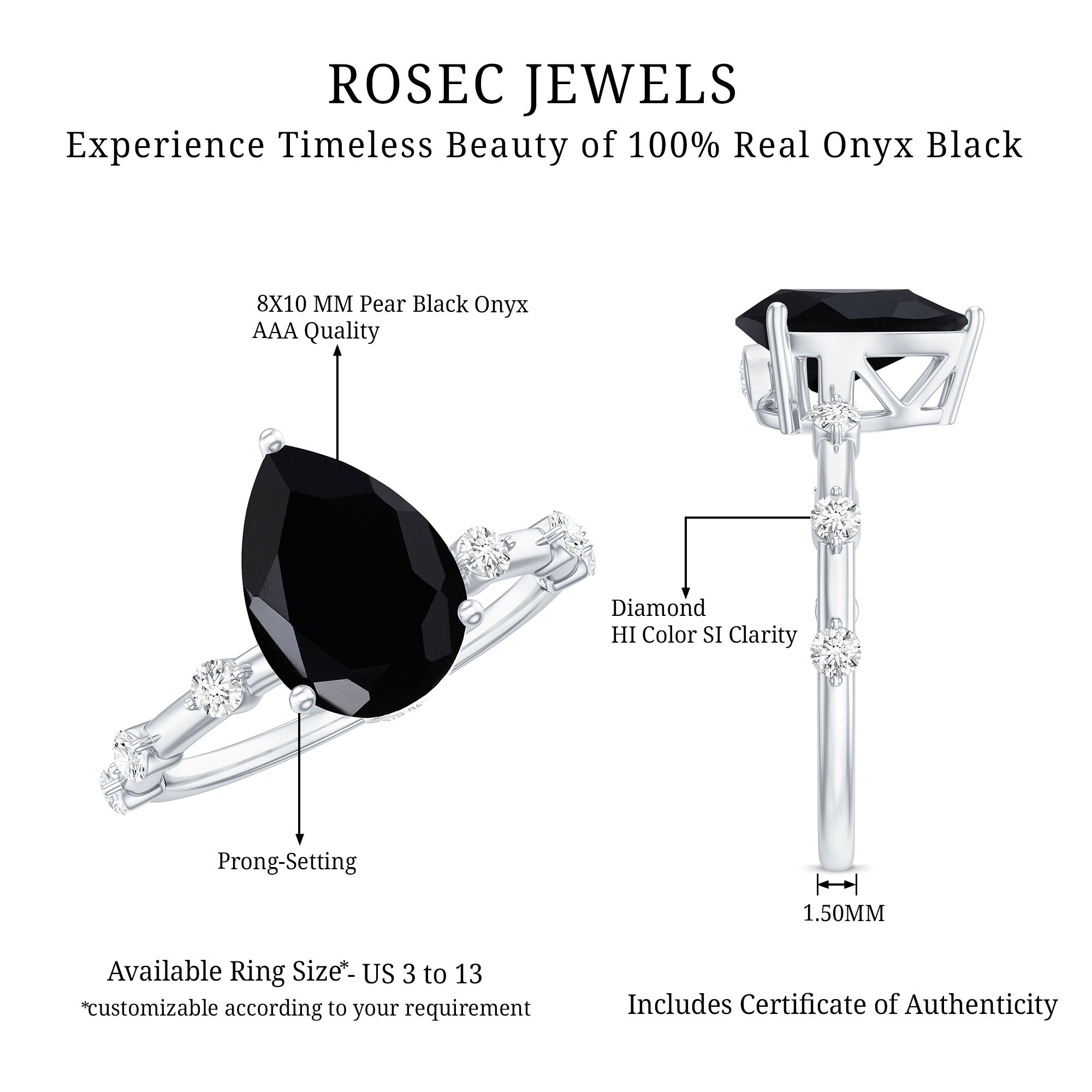 Pear Shape Black Onyx Solitaire Engagement Ring with Diamond AAA - Rosec Jewels