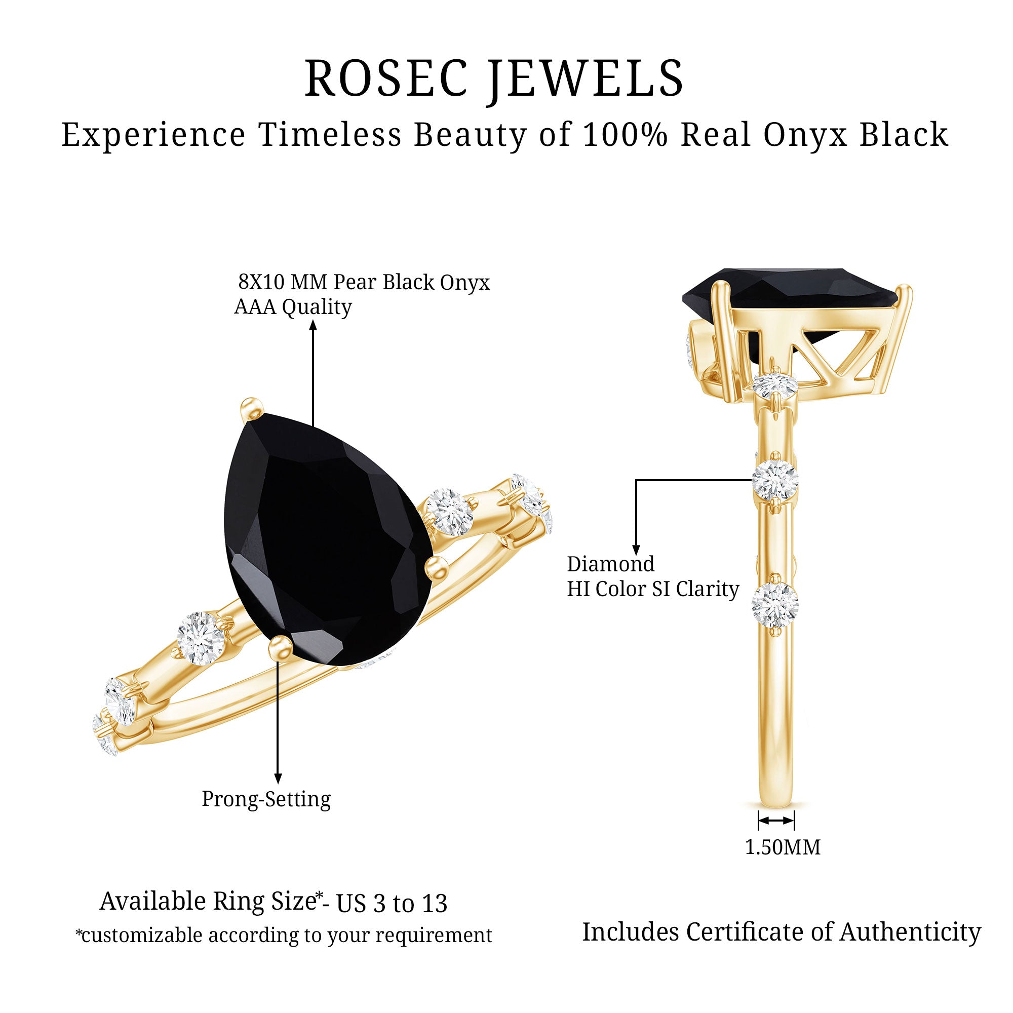 Pear Shape Black Onyx Solitaire Engagement Ring with Diamond AAA - Rosec Jewels