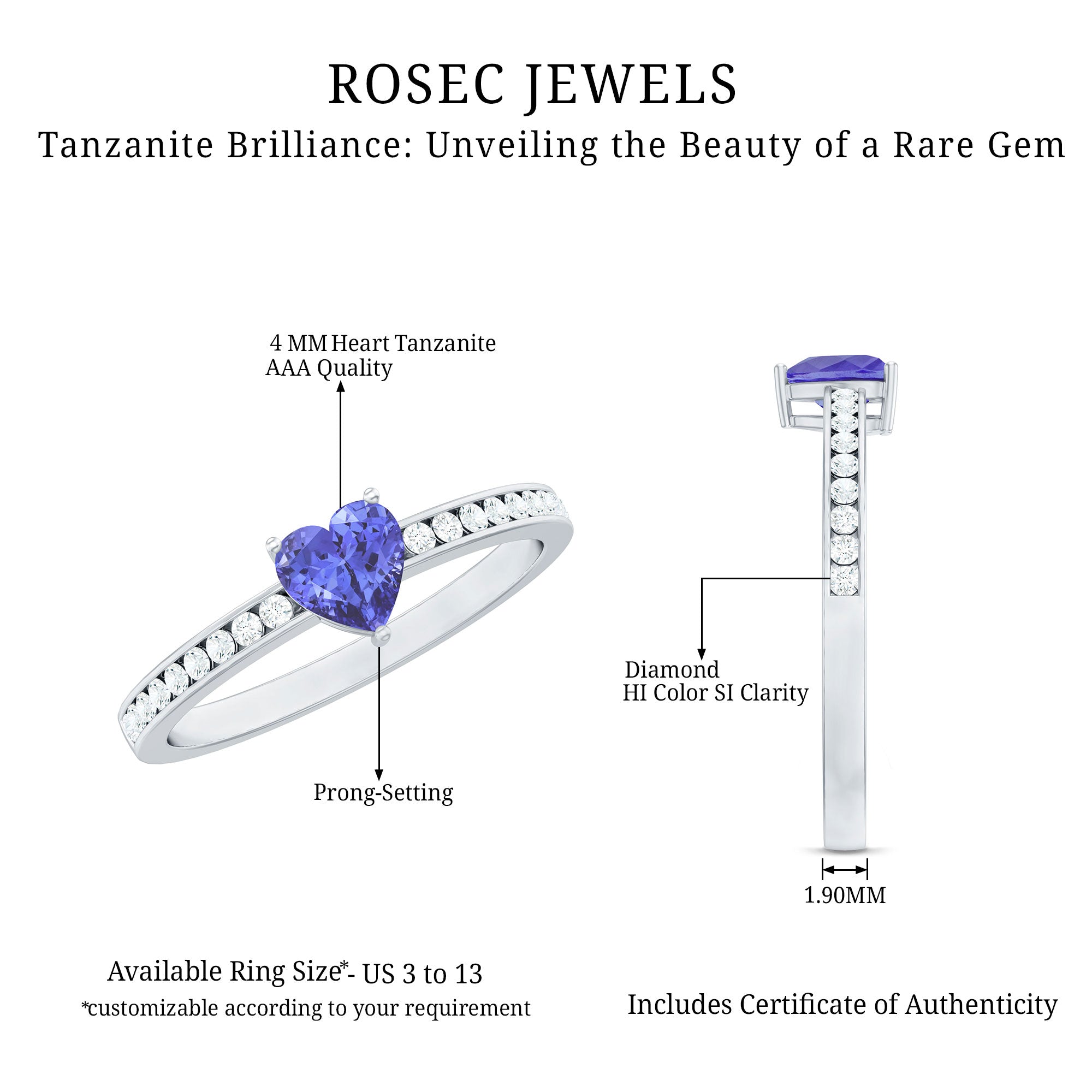 Natural Tanzanite Heart Promise Ring with Diamond AAA - Rosec Jewels