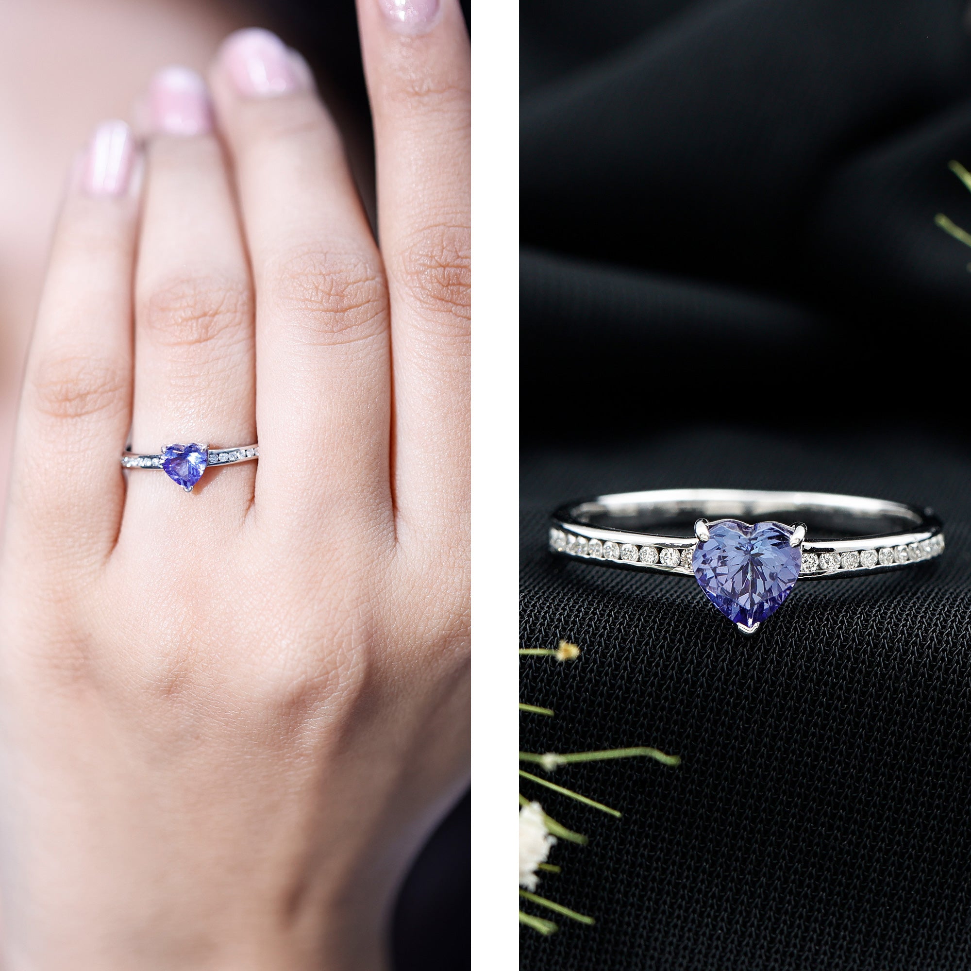 Natural Tanzanite Heart Promise Ring with Diamond AAA - Rosec Jewels
