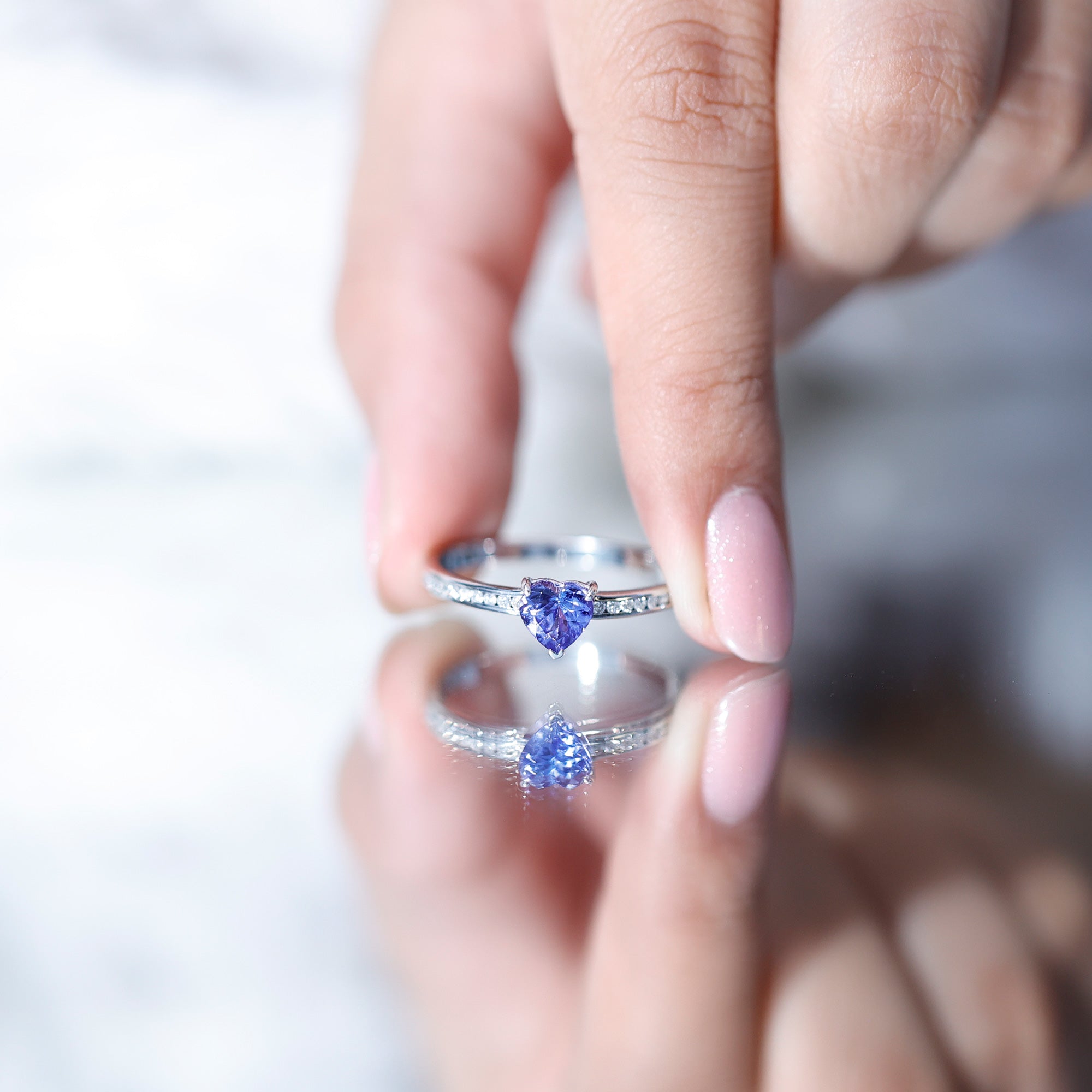 Natural Tanzanite Heart Promise Ring with Diamond AAA - Rosec Jewels