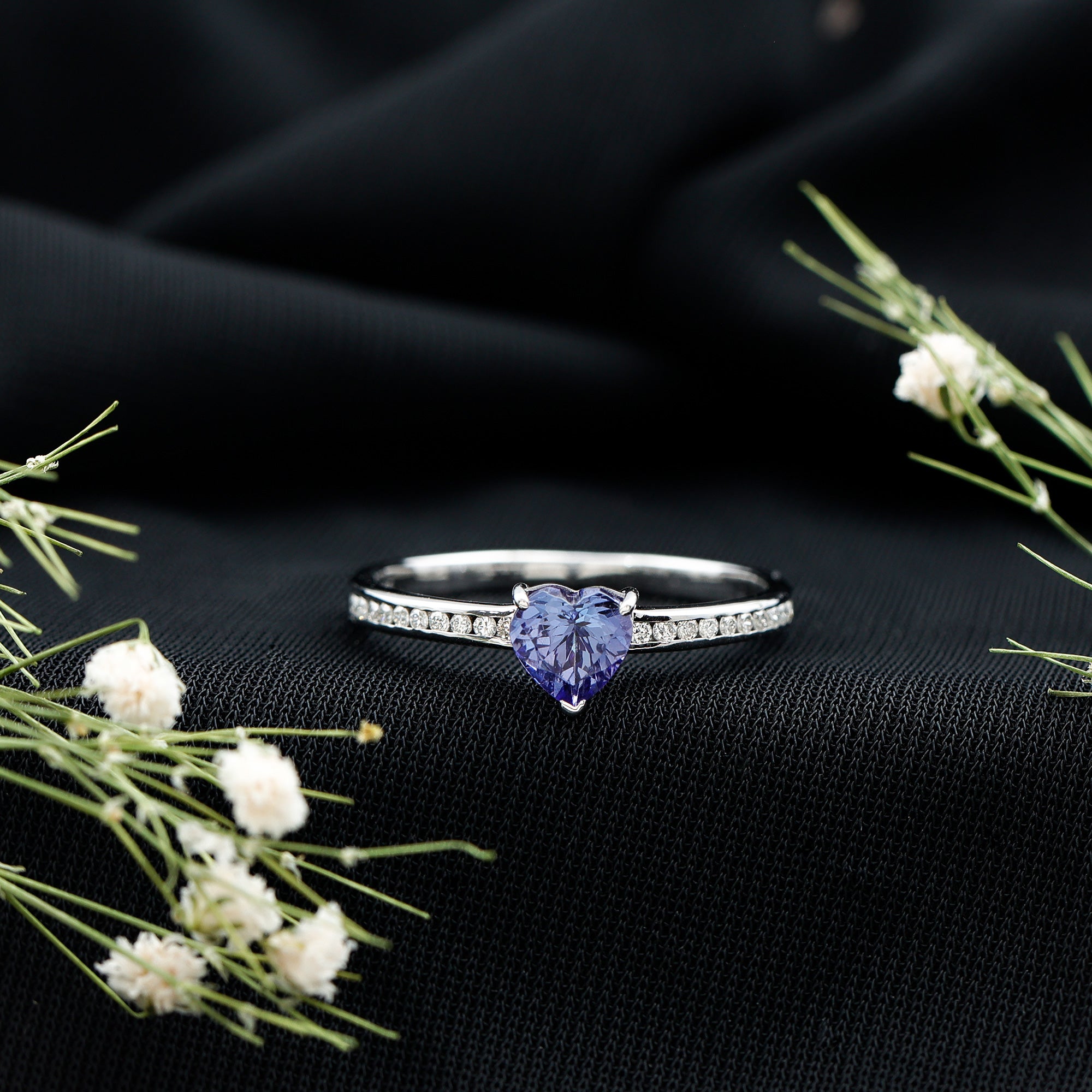 Natural Tanzanite Heart Promise Ring with Diamond AAA - Rosec Jewels