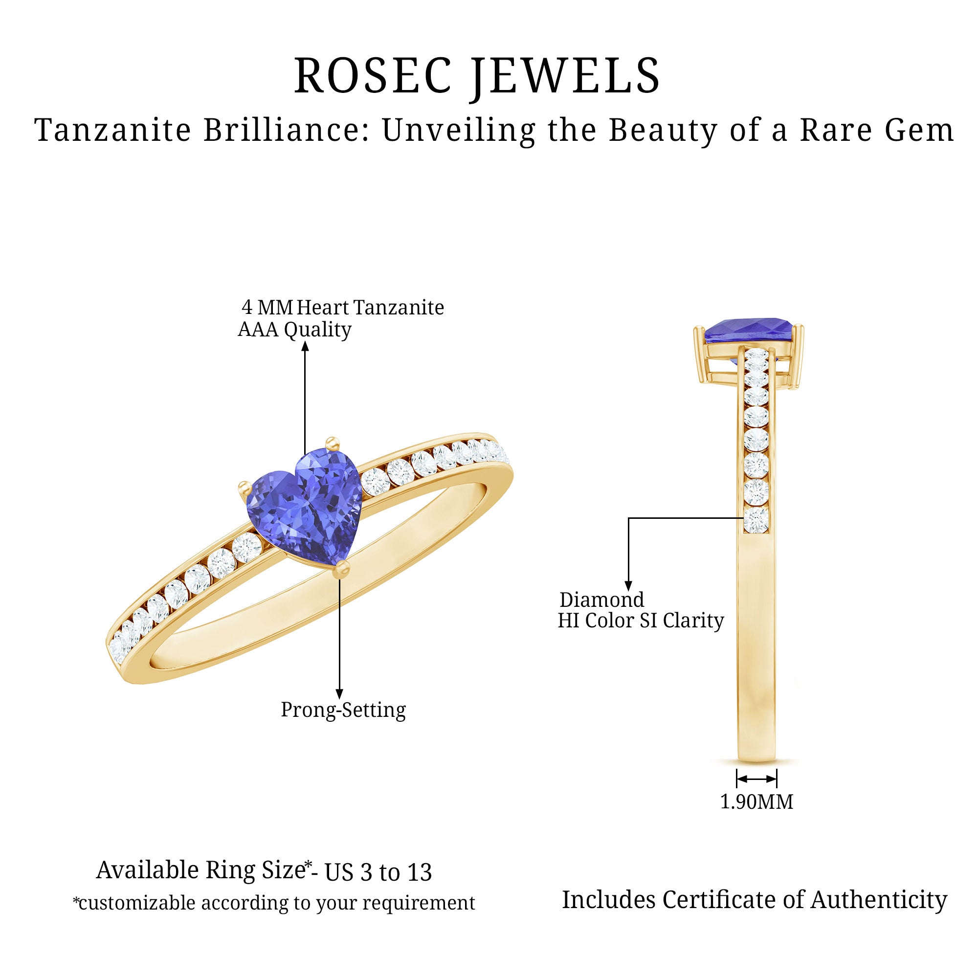 Natural Tanzanite Heart Promise Ring with Diamond AAA - Rosec Jewels