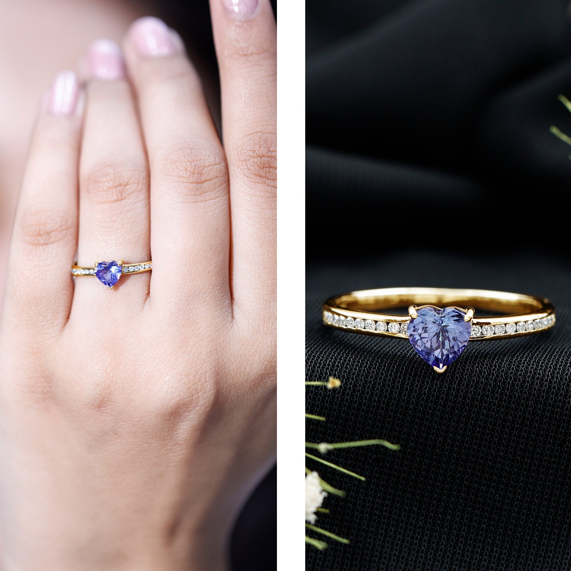 Natural Tanzanite Heart Promise Ring with Diamond AAA - Rosec Jewels