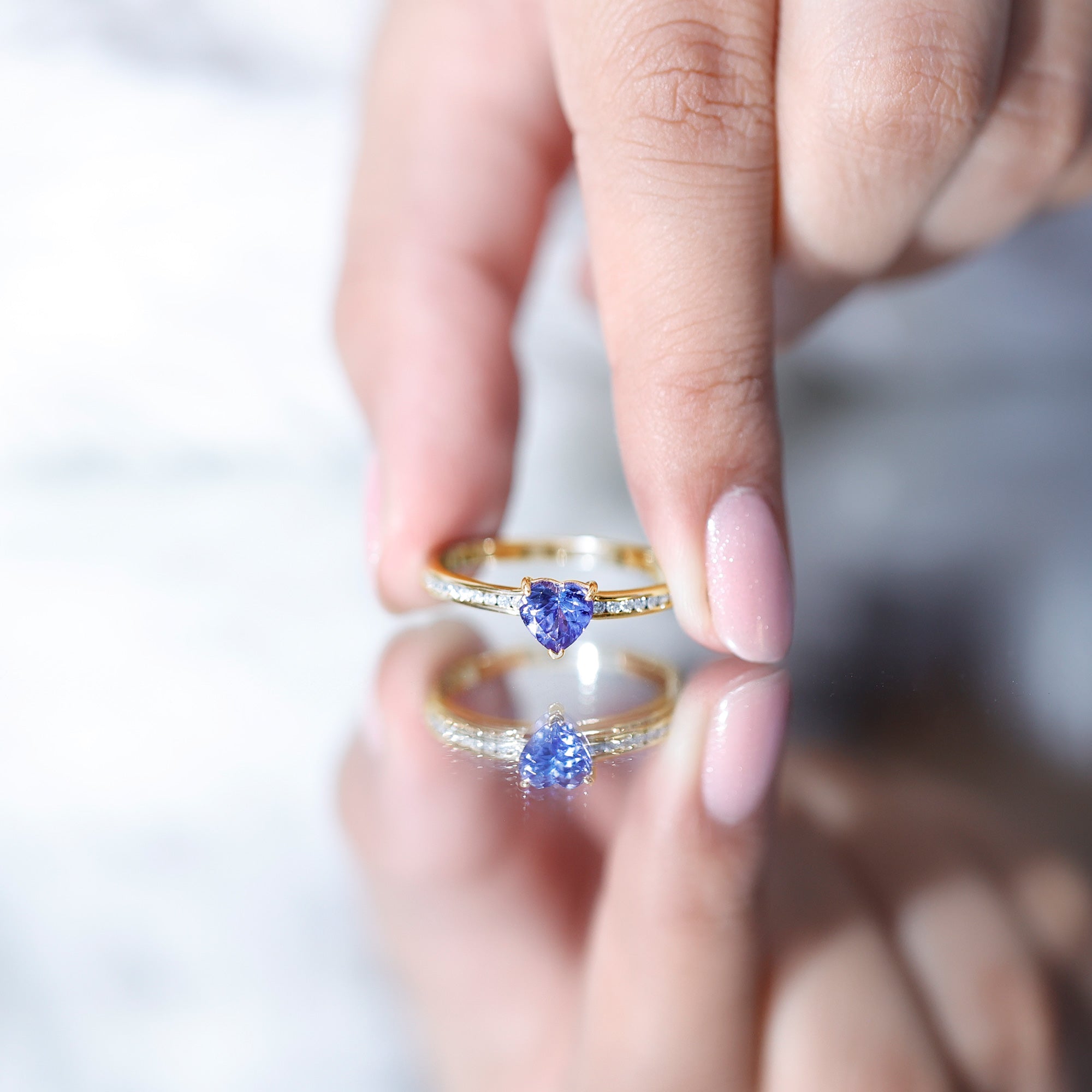 Natural Tanzanite Heart Promise Ring with Diamond AAA - Rosec Jewels