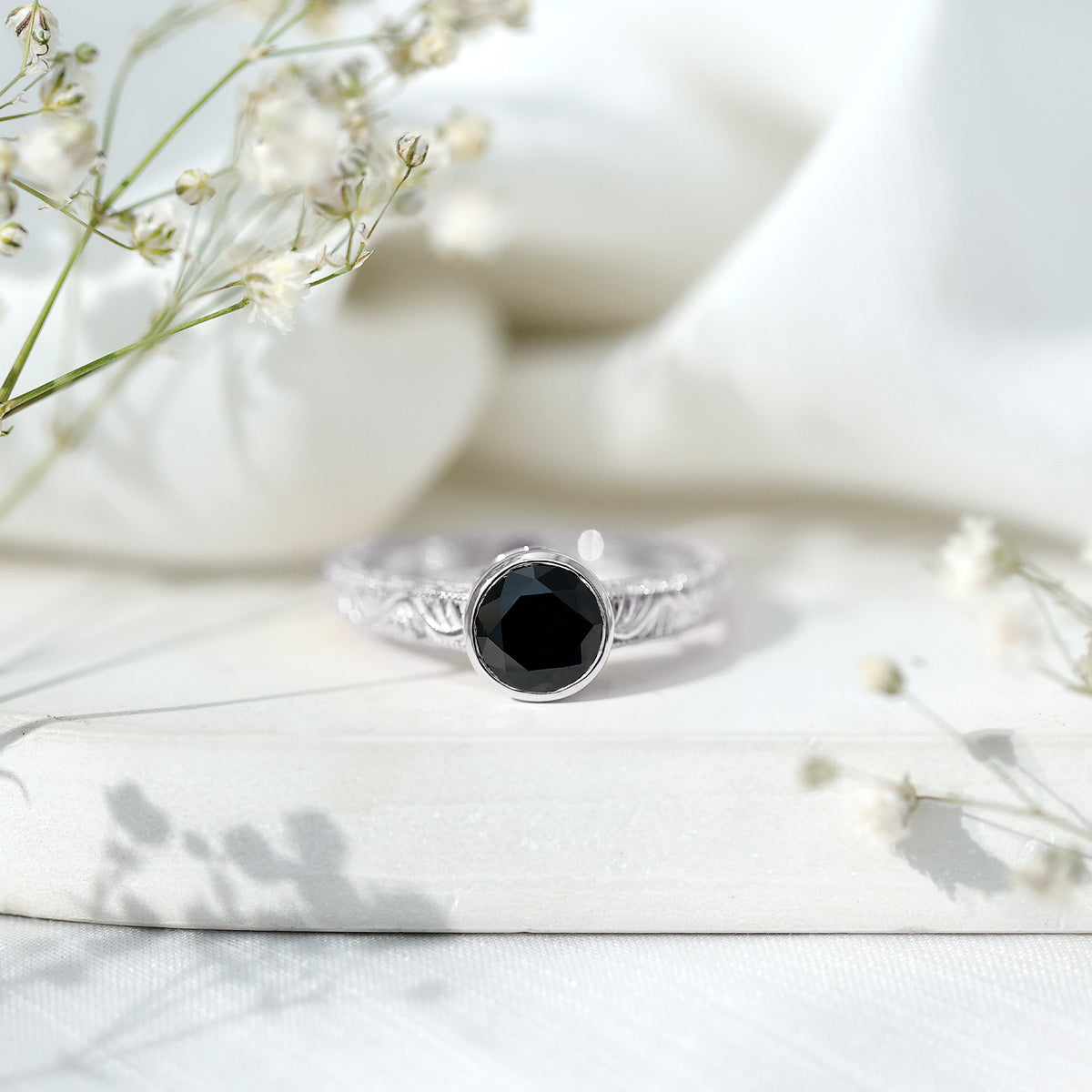 Vintage Style 2 Carat Lab Grown Black Diamond Bezel Set Engagement Ring AAAA ( Synthetic ) - Rosec Jewels