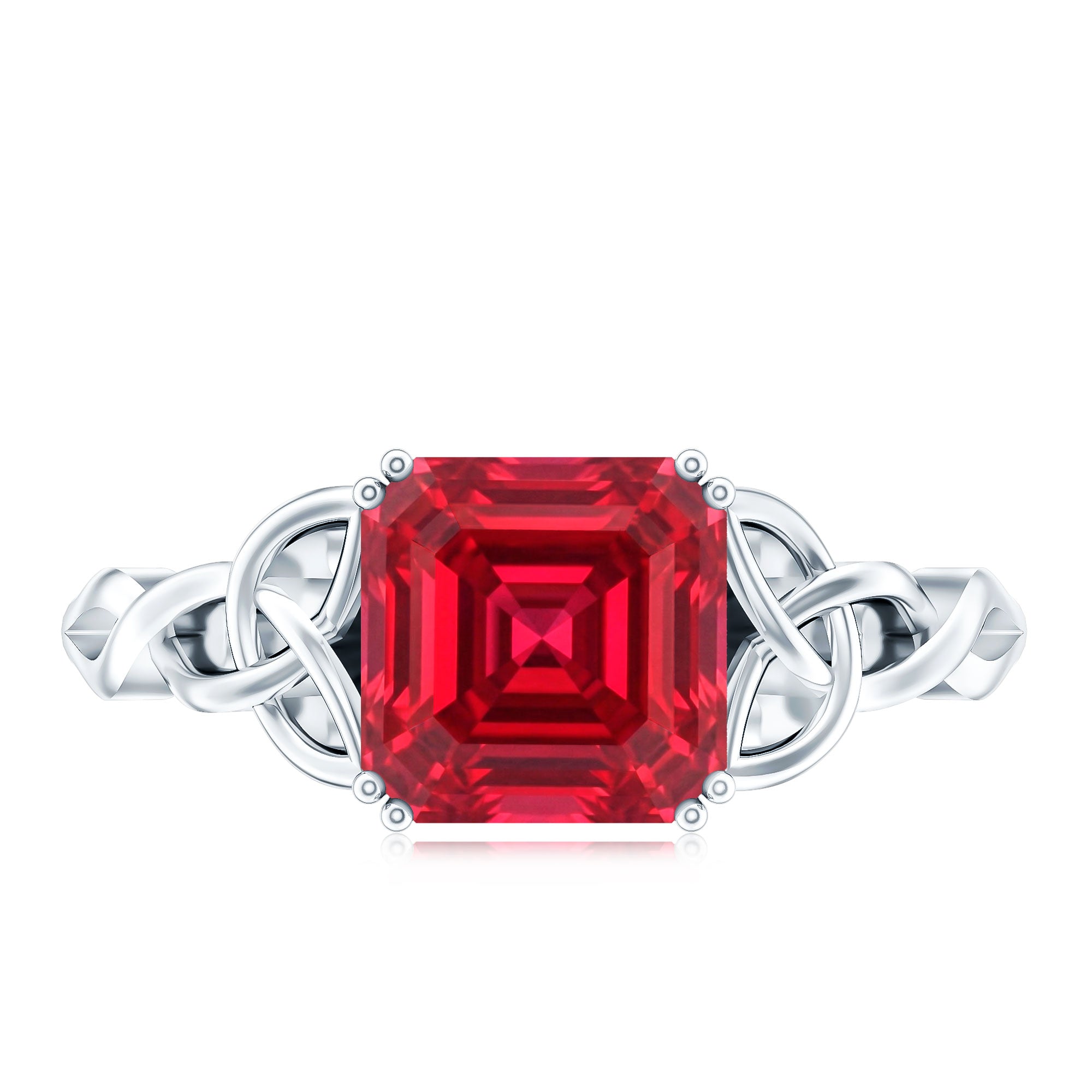 Certified 4.8 Carat Lab Grown Ruby Asscher Cut Engagement Ring with Celtic Knot AAAA - Rosec Jewels