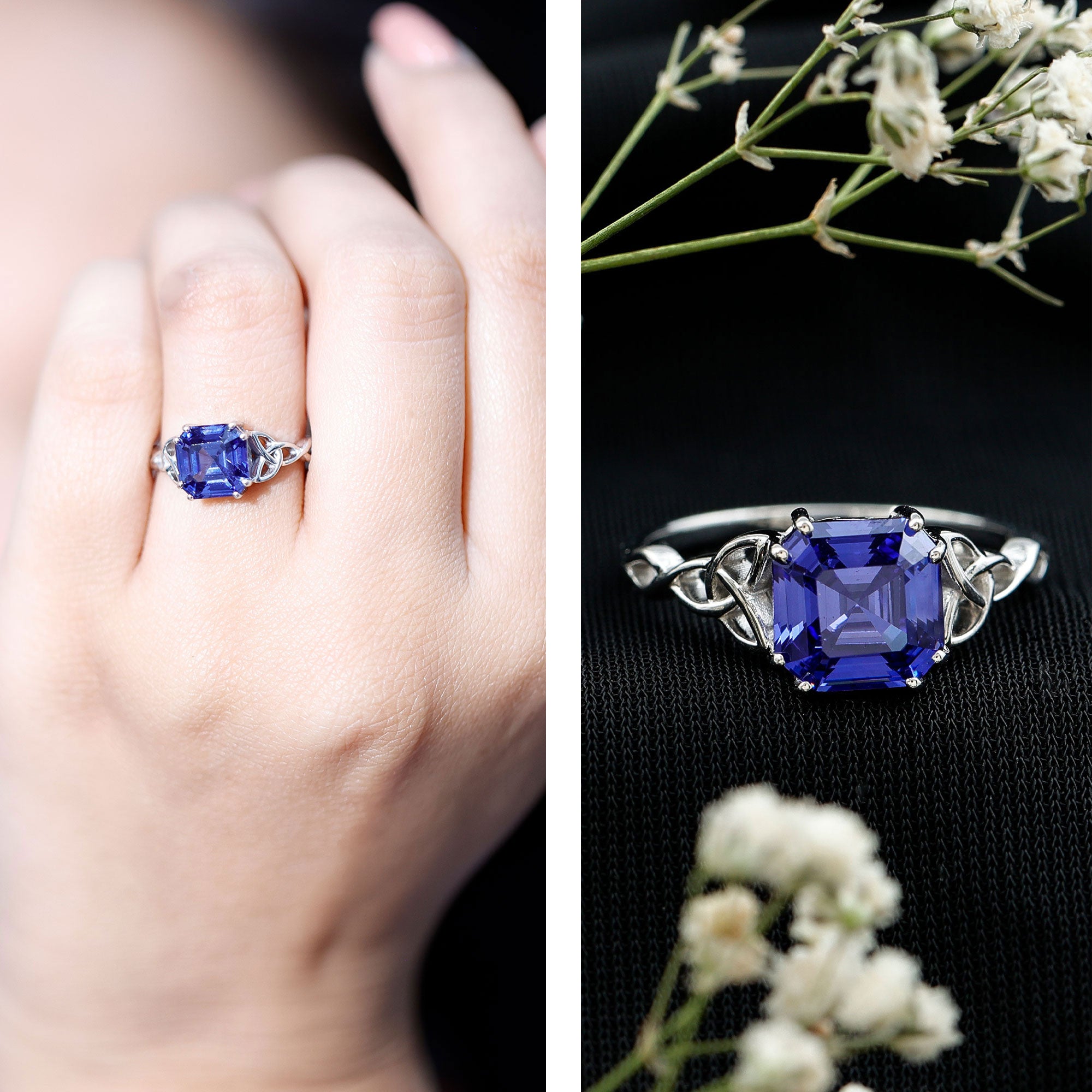 Certified 4.8 Carat Asscher Cut Lab Created Blue Sapphire Celtic Knot Engagement Ring AAAA - Rosec Jewels