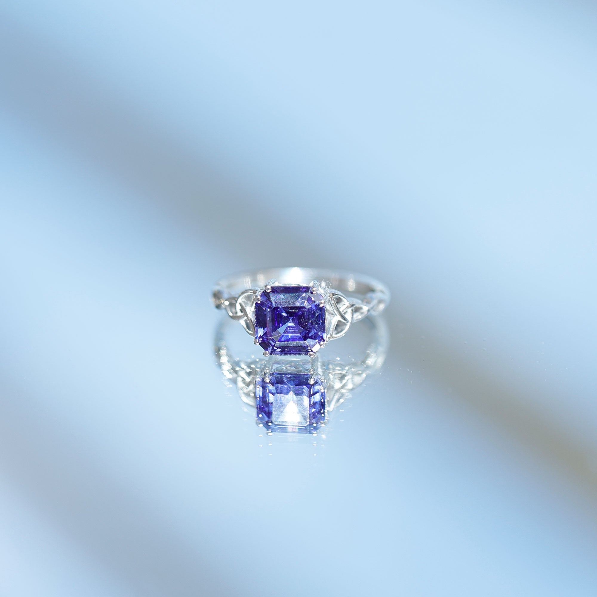 Certified 4.8 Carat Asscher Cut Lab Created Blue Sapphire Celtic Knot Engagement Ring AAAA - Rosec Jewels