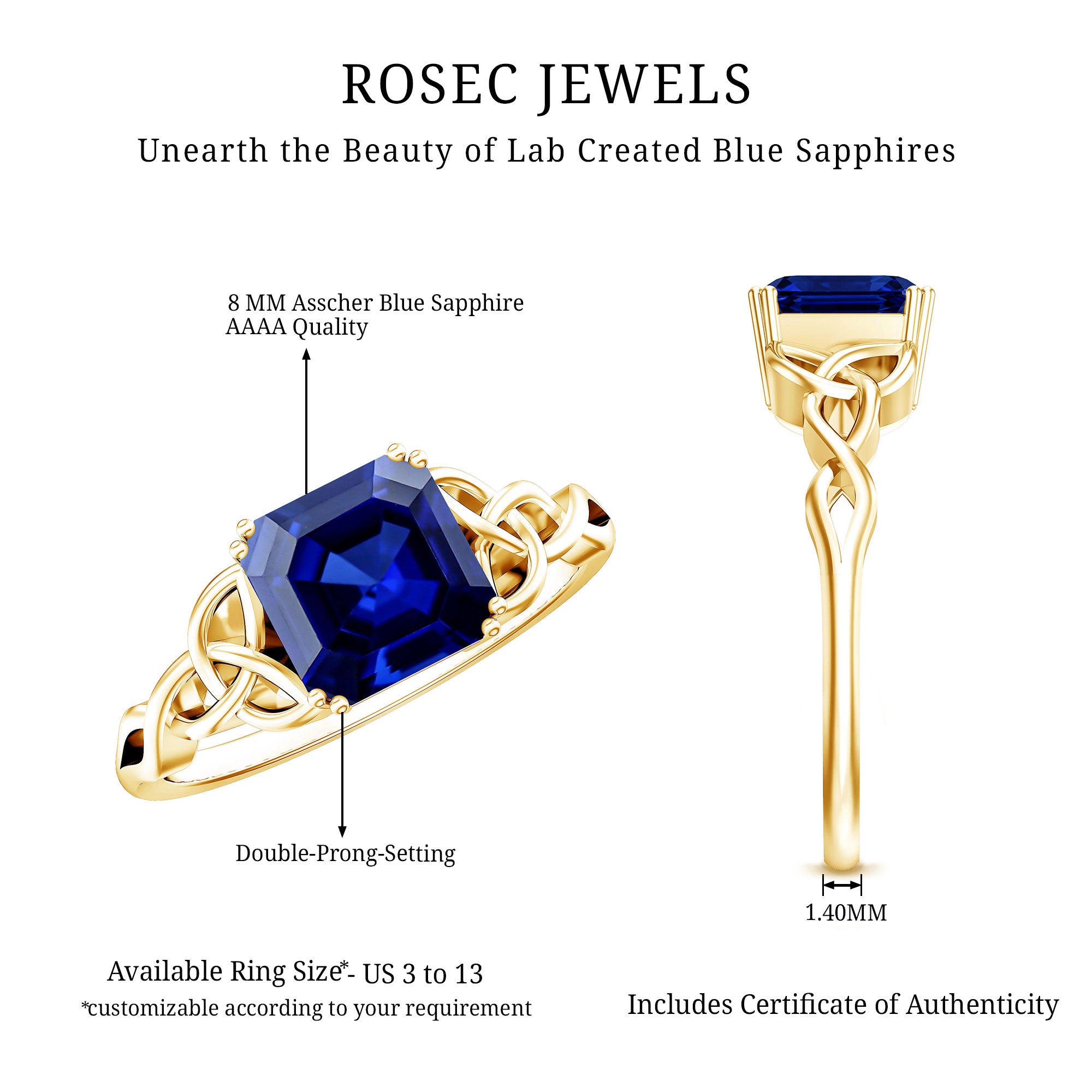 Certified 4.8 Carat Asscher Cut Lab Created Blue Sapphire Celtic Knot Engagement Ring AAAA - Rosec Jewels
