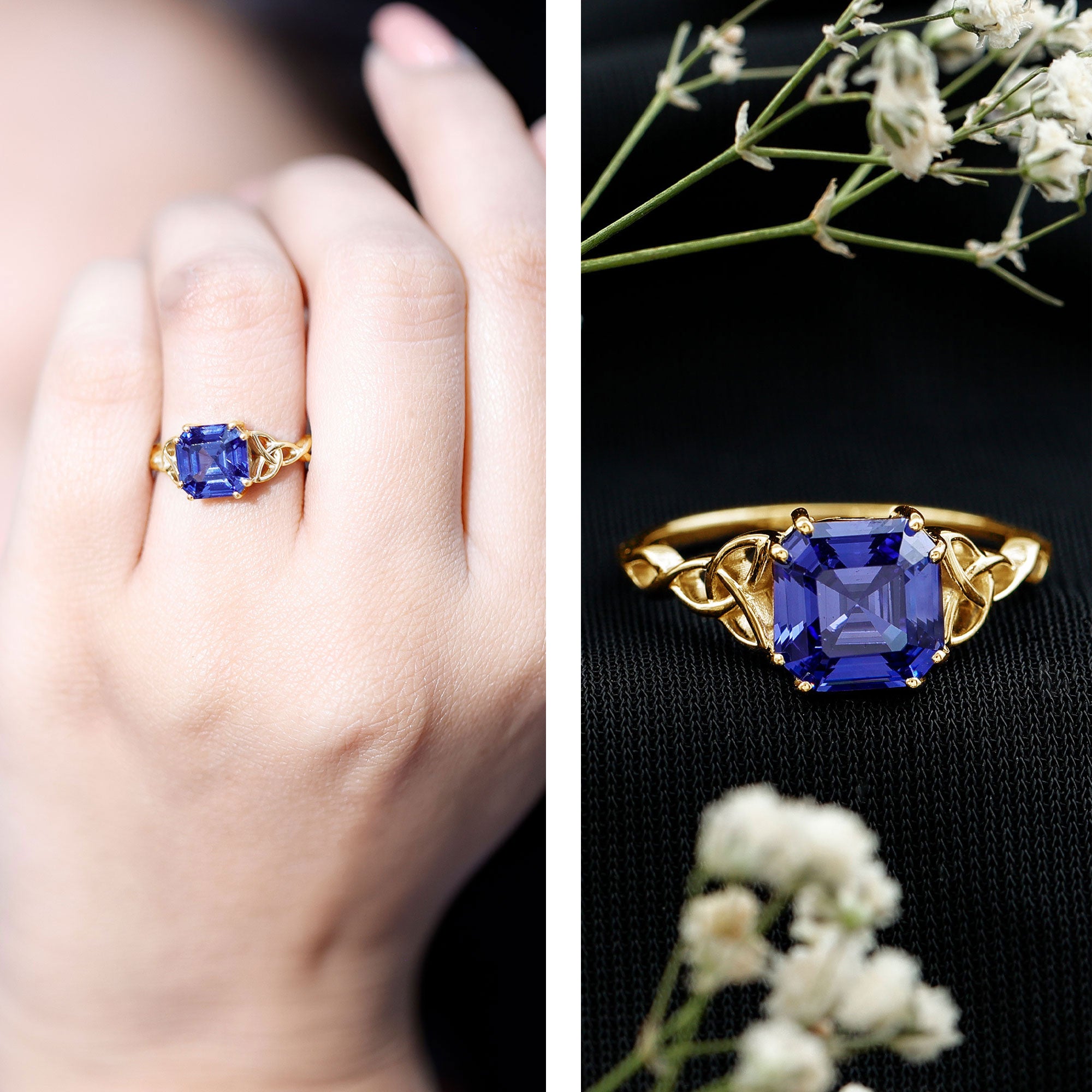 Certified 4.8 Carat Asscher Cut Lab Created Blue Sapphire Celtic Knot Engagement Ring AAAA - Rosec Jewels