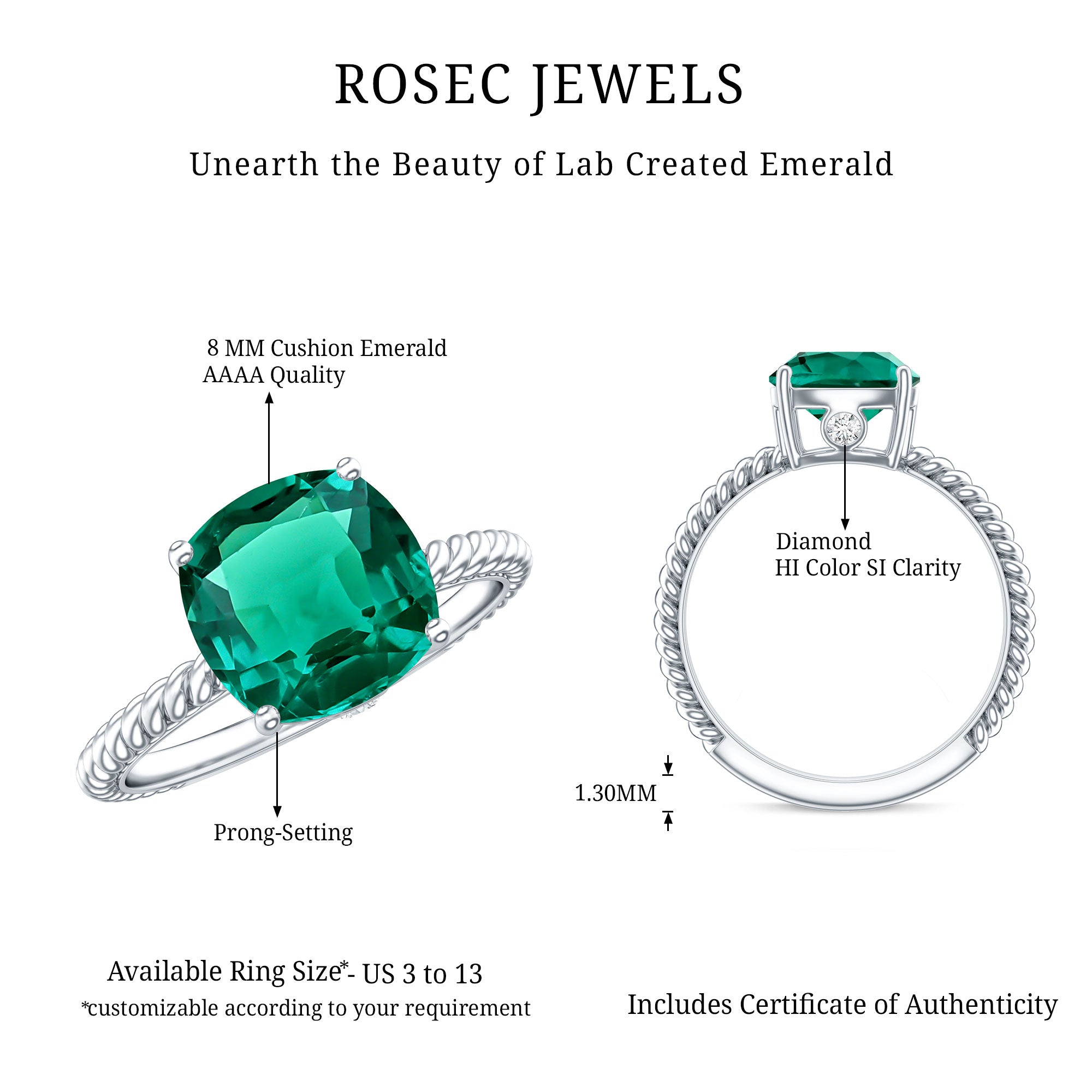 Certified 2 Carat Cushion Cut Lab Grown Emerald Ring for Engagement AAAA - Rosec Jewels