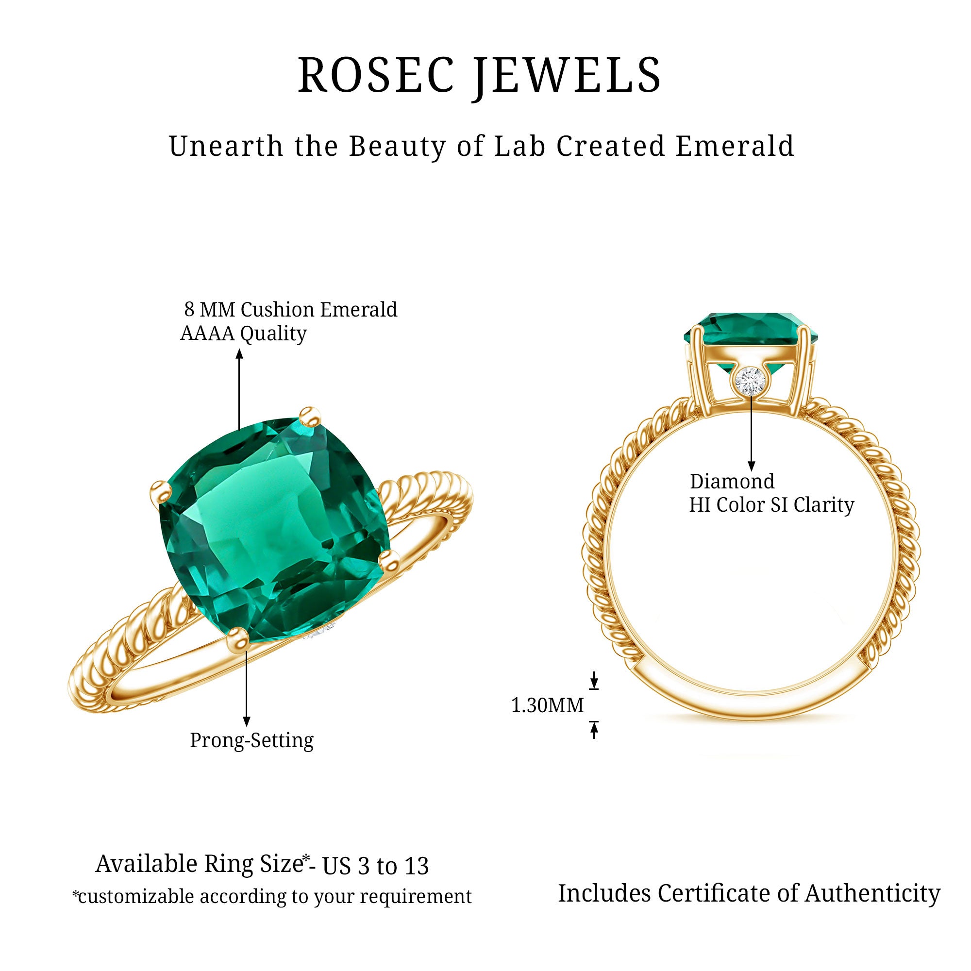 Certified 2 Carat Cushion Cut Lab Grown Emerald Ring for Engagement AAAA - Rosec Jewels