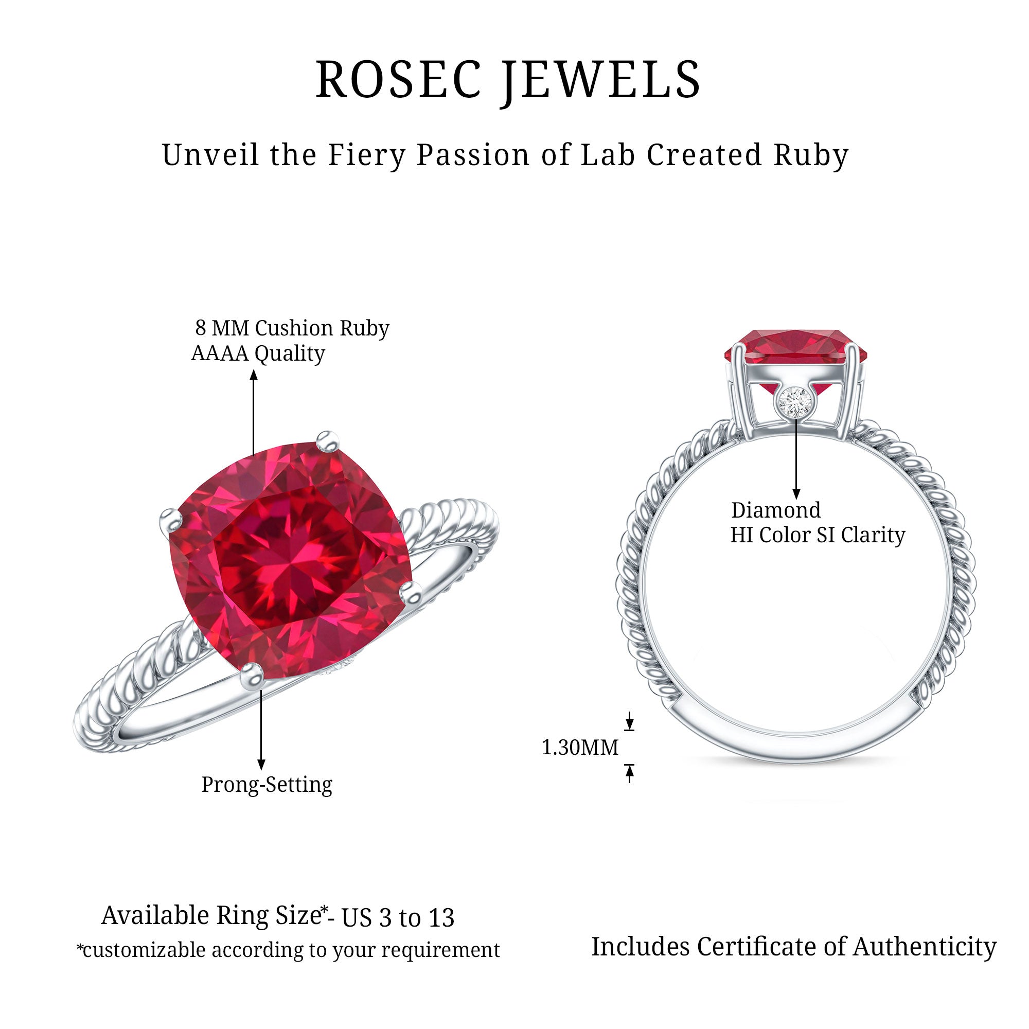 Certified 2 Carat Lab Grown Ruby Cushion Cut Engagement Ring with Surprise Diamond AAAA - Rosec Jewels