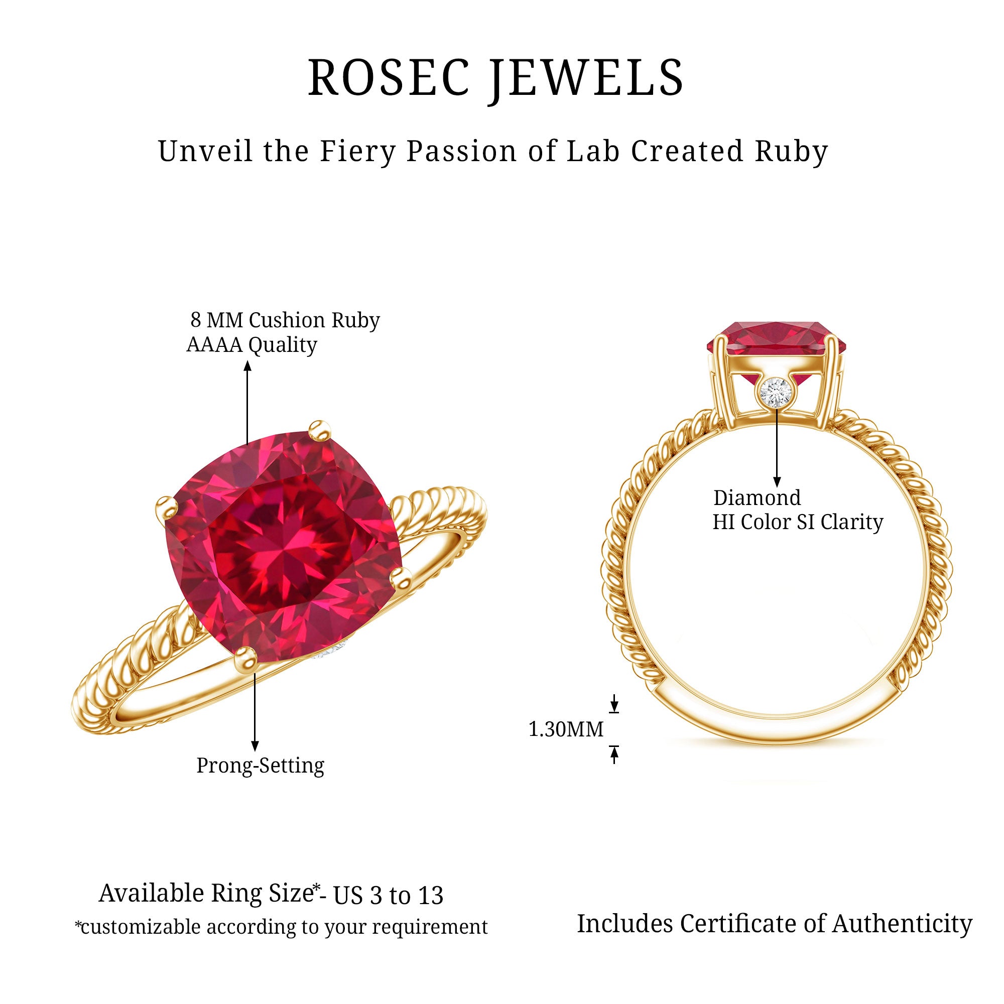 Certified 2 Carat Lab Grown Ruby Cushion Cut Engagement Ring with Surprise Diamond AAAA - Rosec Jewels