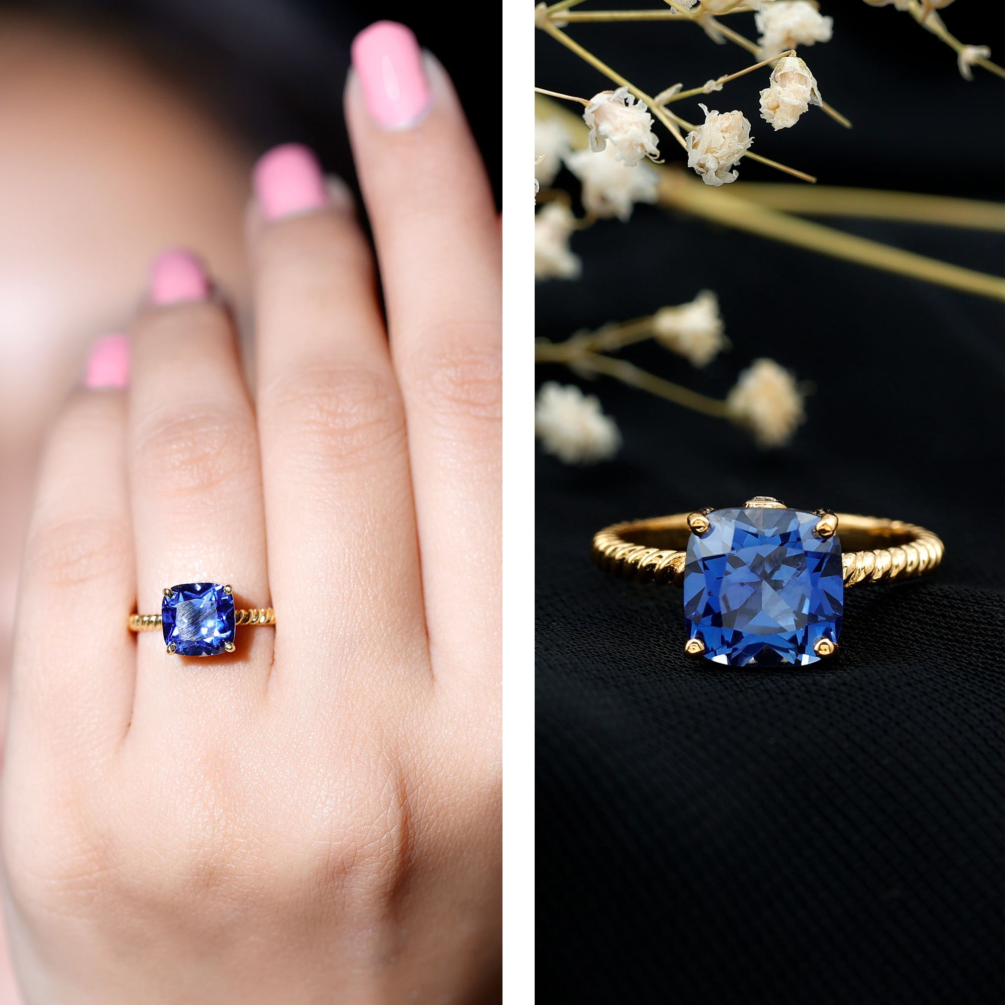2.7 Carat Cushion Cut Lab Created Blue Sapphire Solitaire Engagement Ring AAAA - Rosec Jewels