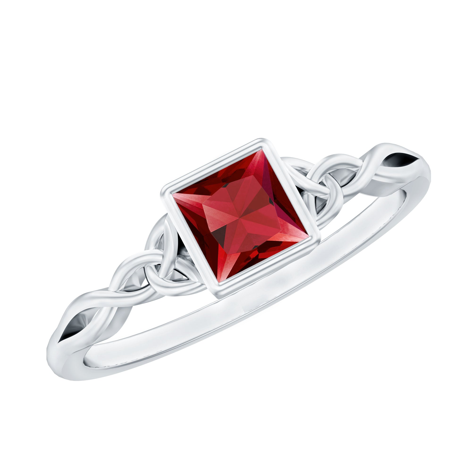 Princess Cut Solitaire Created Ruby Celtic Knot Ring in Bezel Setting