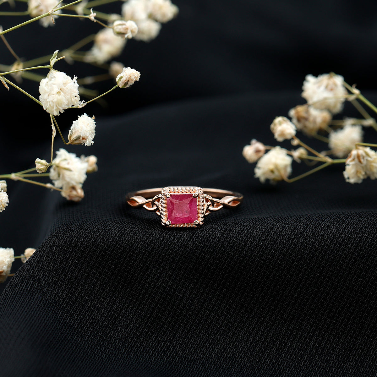 Natural 0.8 Carat Princess Cut Ruby Promise Ring with Celtic Knot AAA - Rosec Jewels