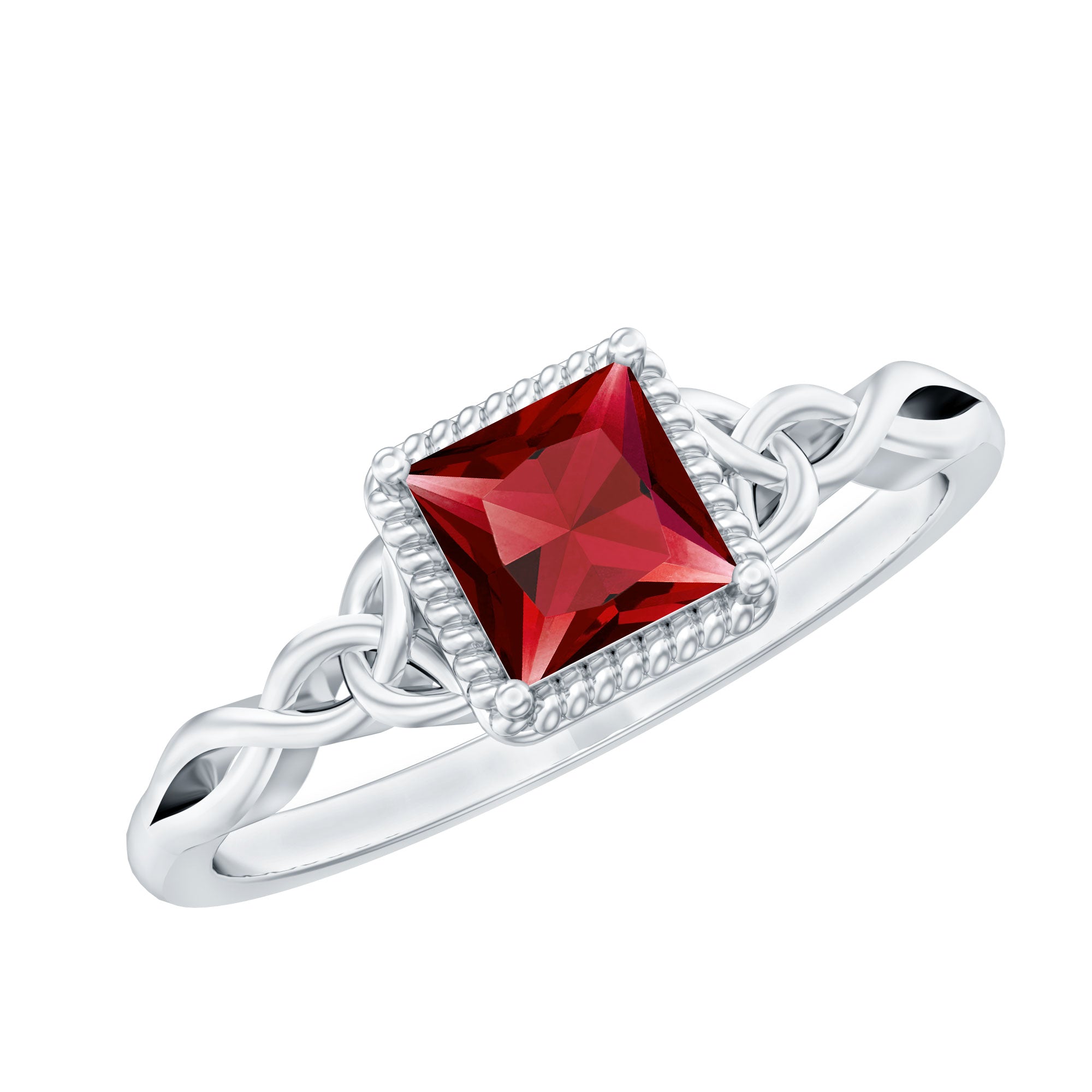 Princess Cut Ruby Solitaire Ring with Celtic Detail