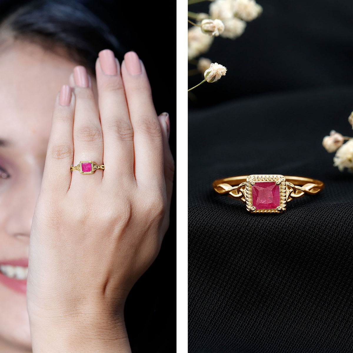 Natural 0.8 Carat Princess Cut Ruby Promise Ring with Celtic Knot AAA - Rosec Jewels