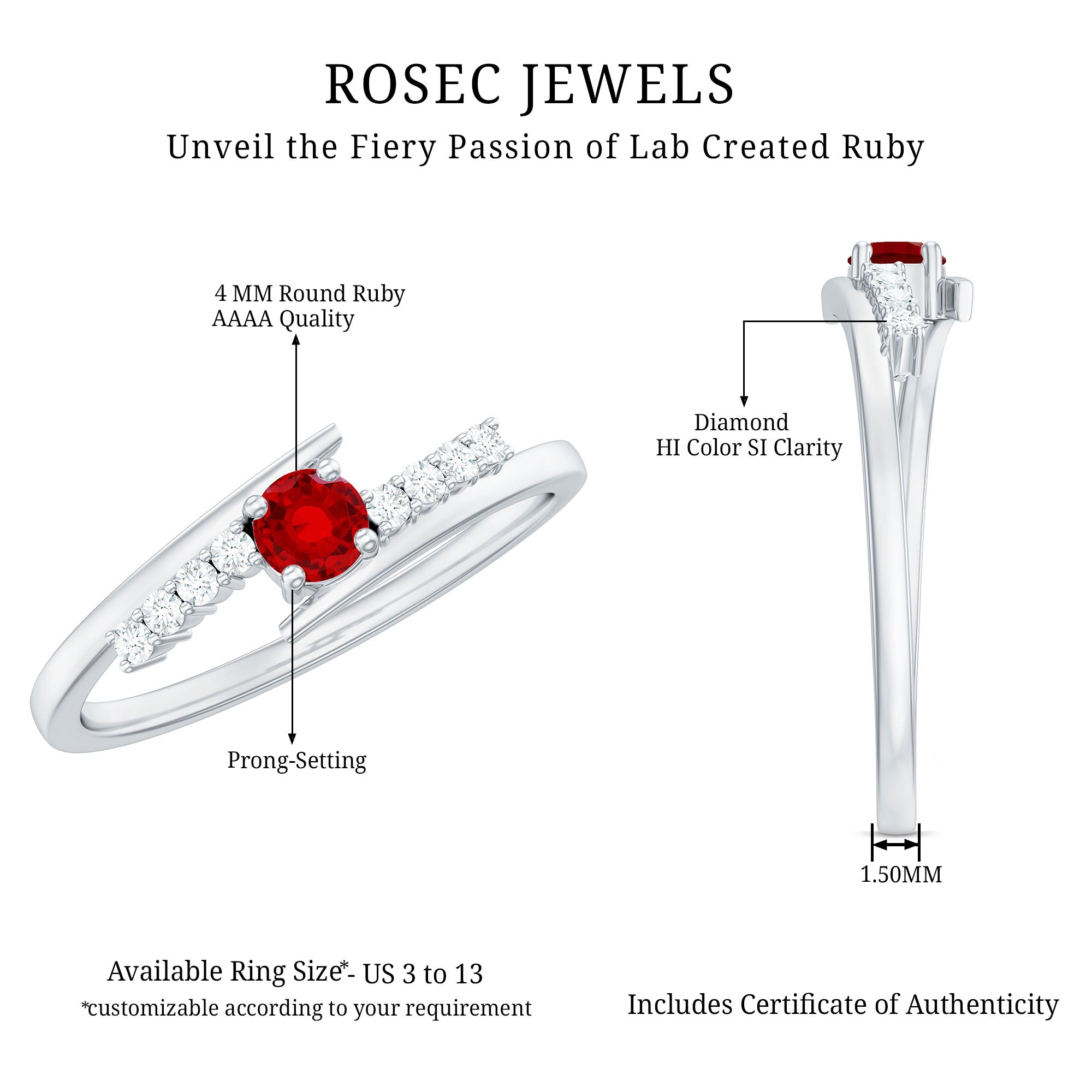 Lab Created Ruby and Diamond Promise Ring in Bypass Shank AAAA - Rosec Jewels