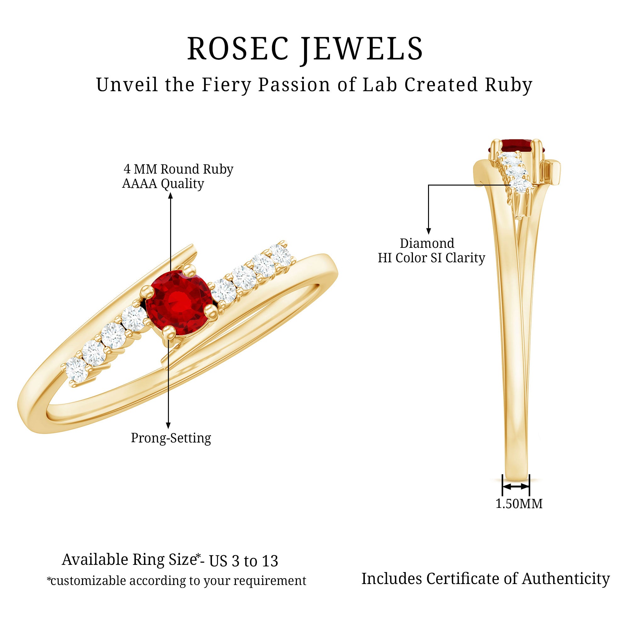 Lab Created Ruby and Diamond Promise Ring in Bypass Shank AAAA - Rosec Jewels