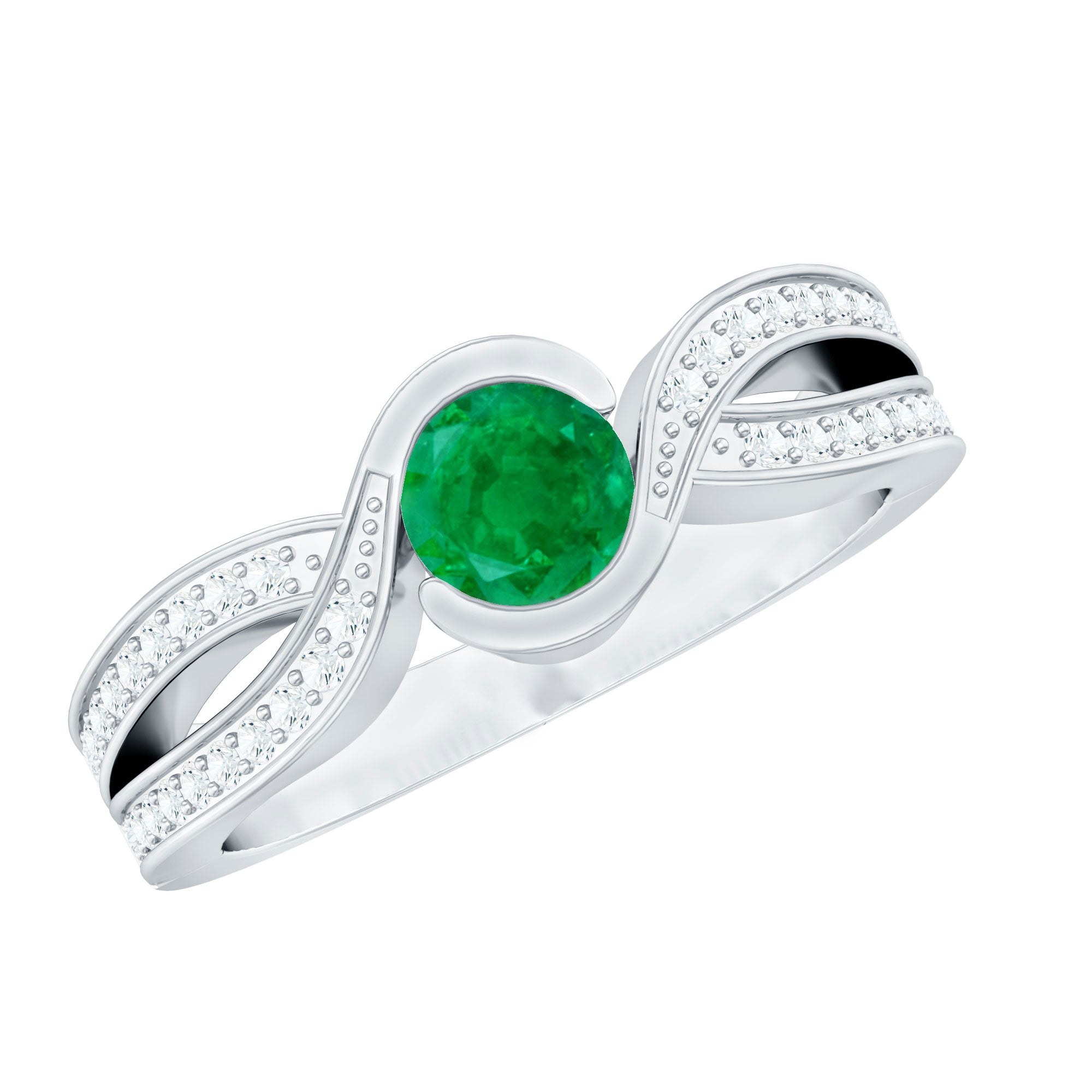 Round Cut Genuine Emerald and Diamond Designer Engagement Ring AAA - Rosec Jewels
