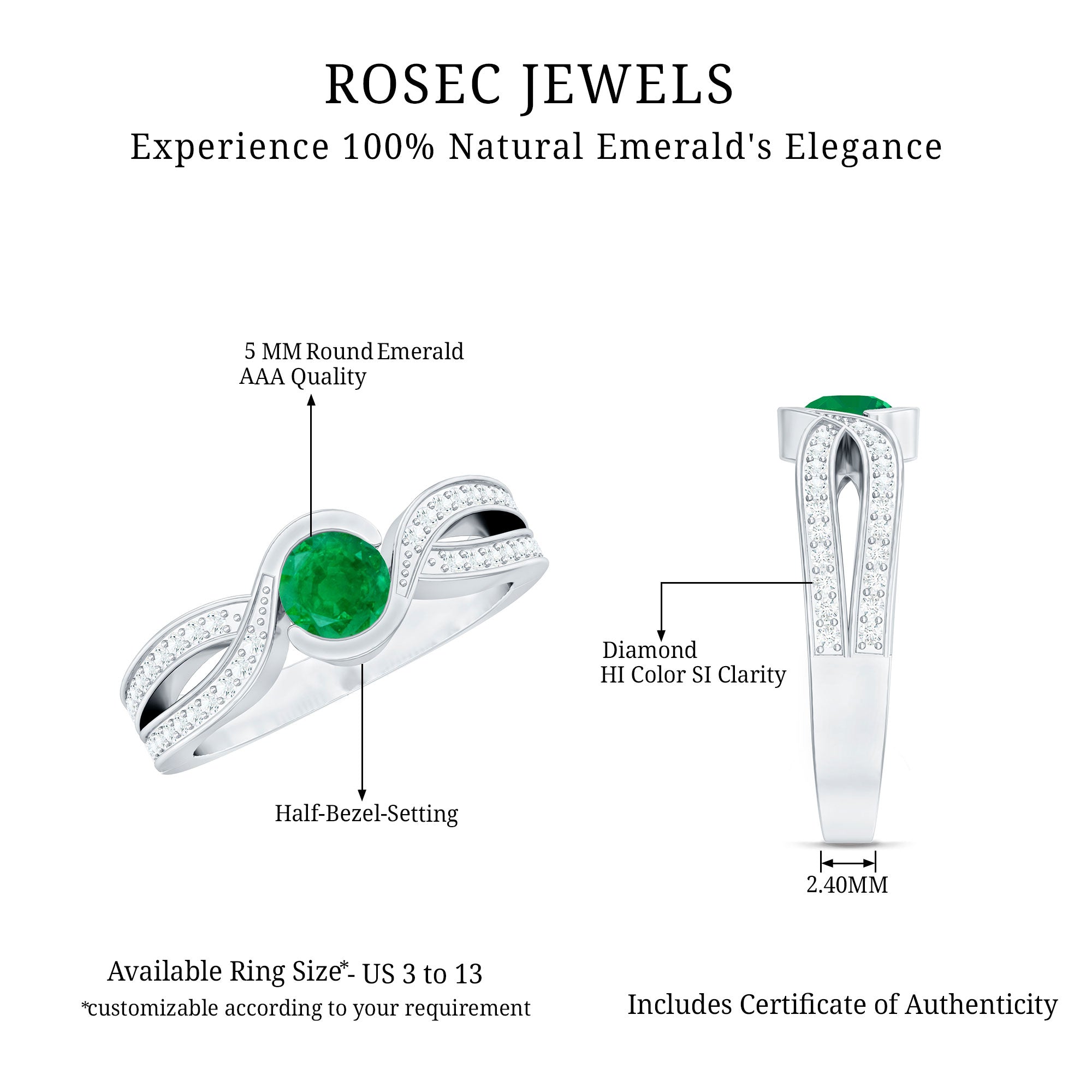 Round Cut Genuine Emerald and Diamond Designer Engagement Ring AAA - Rosec Jewels