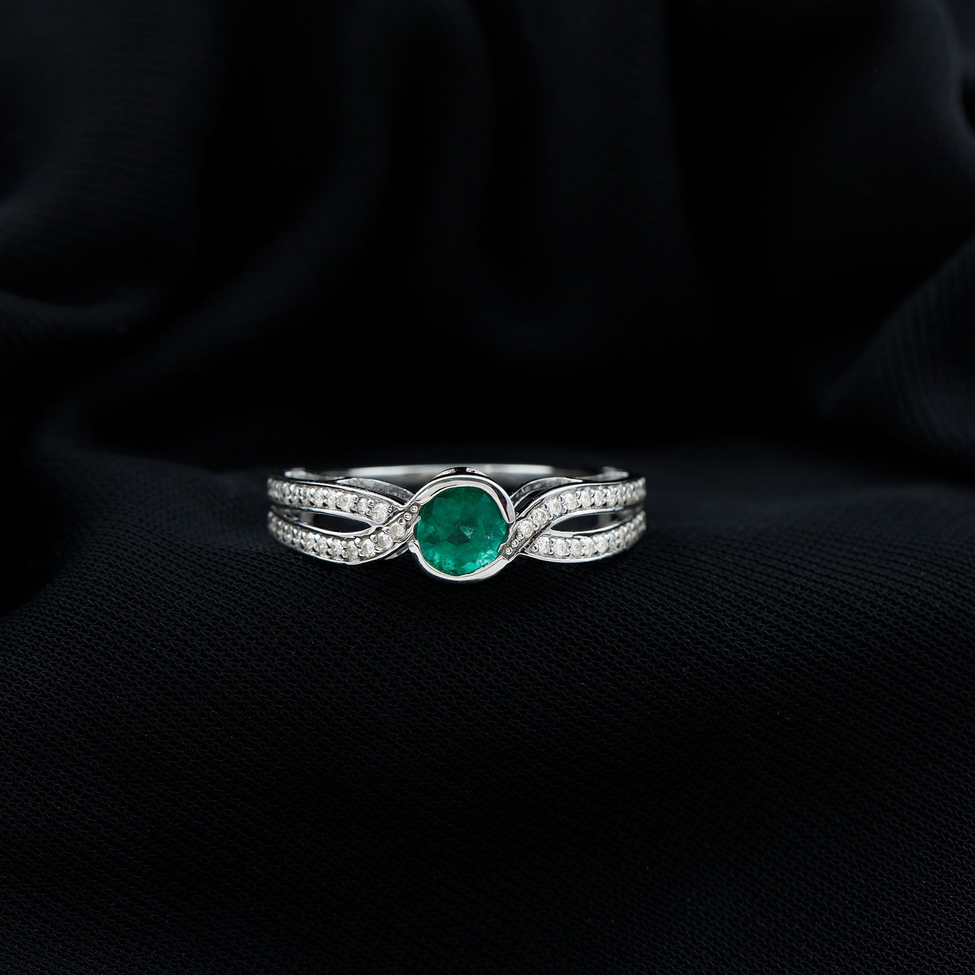 Round Cut Genuine Emerald and Diamond Designer Engagement Ring AAA - Rosec Jewels