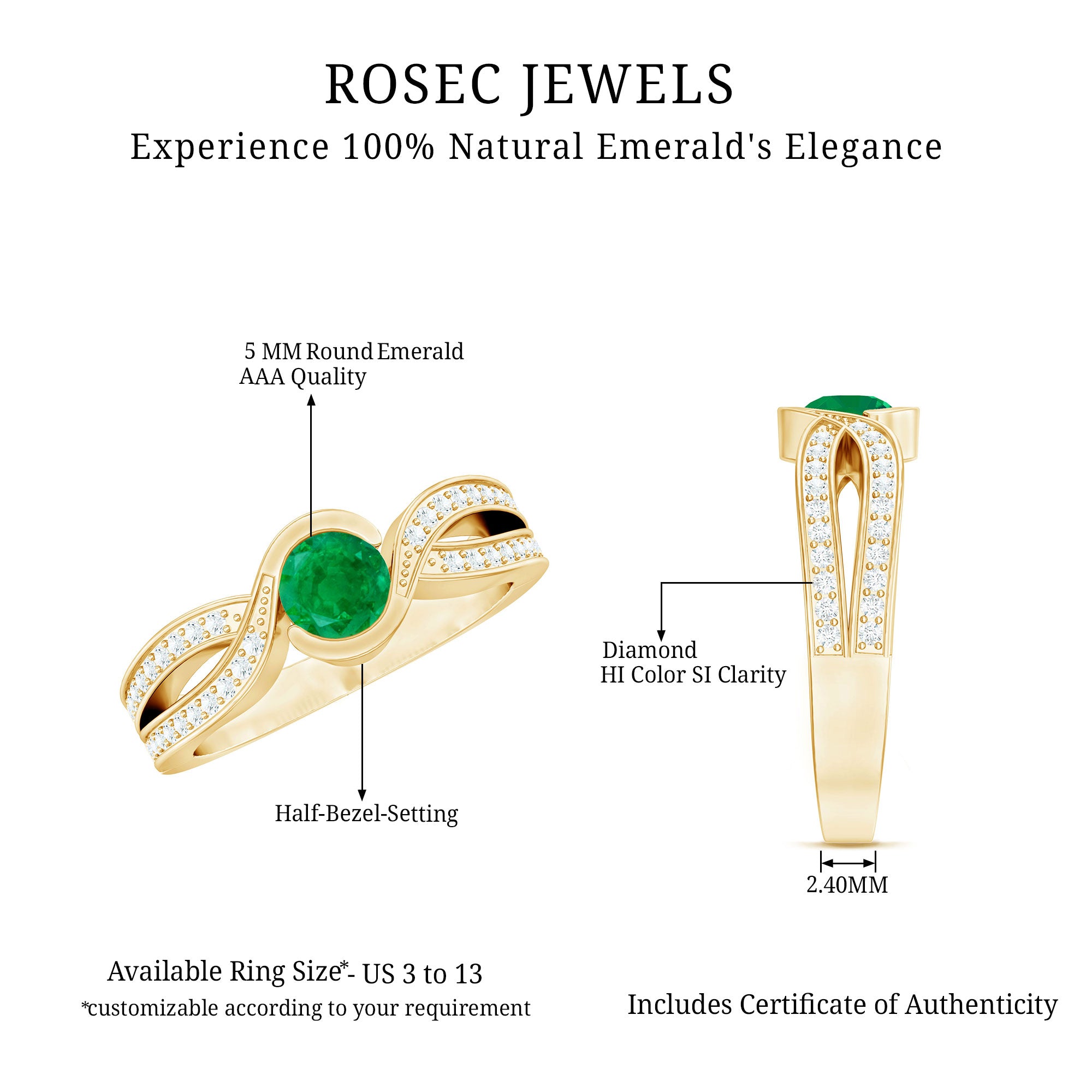Round Cut Genuine Emerald and Diamond Designer Engagement Ring AAA - Rosec Jewels