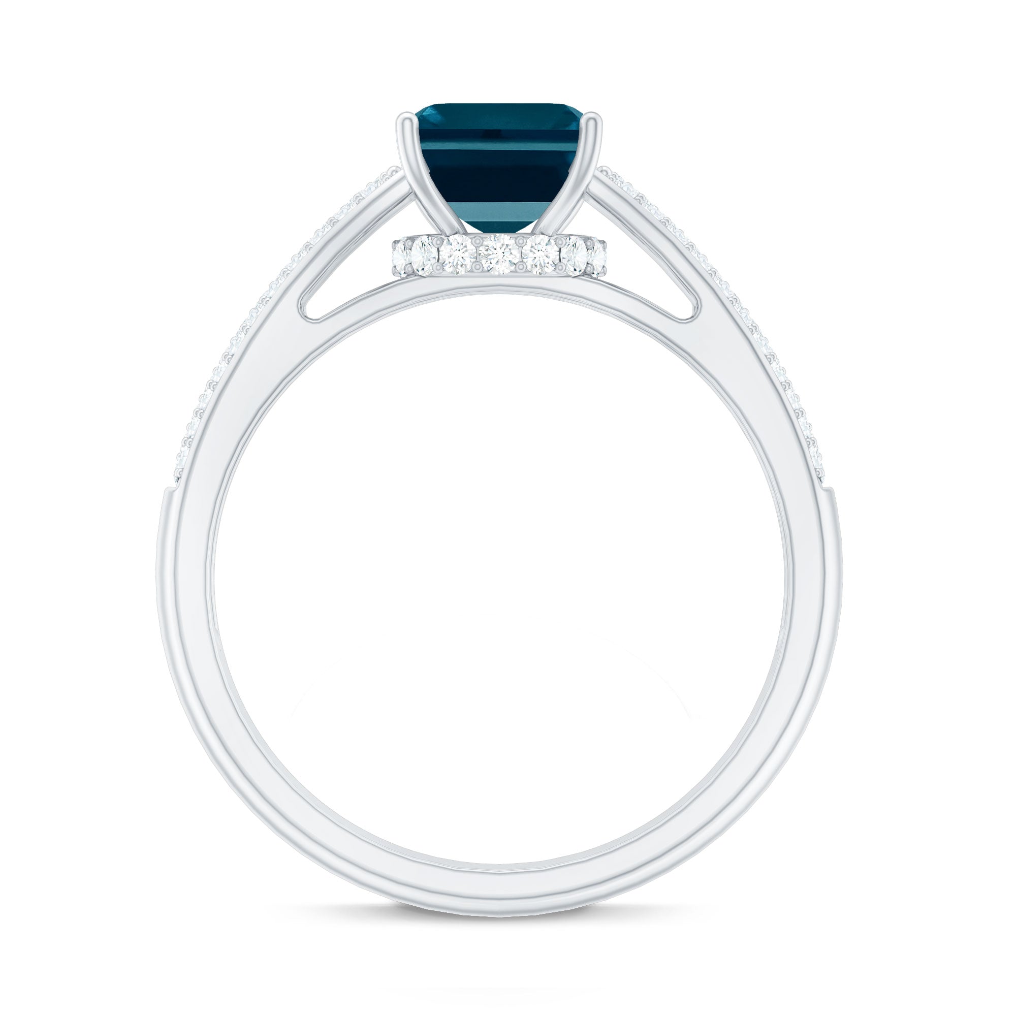 6X8mm Emerald Cut London Blue Topaz Side Stone Engagement Ring with Diamond AAA - Rosec Jewels