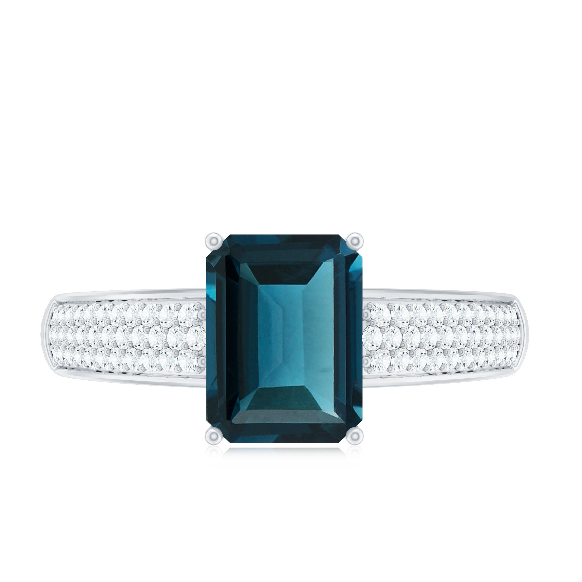 6X8mm Emerald Cut London Blue Topaz Side Stone Engagement Ring with Diamond AAA - Rosec Jewels