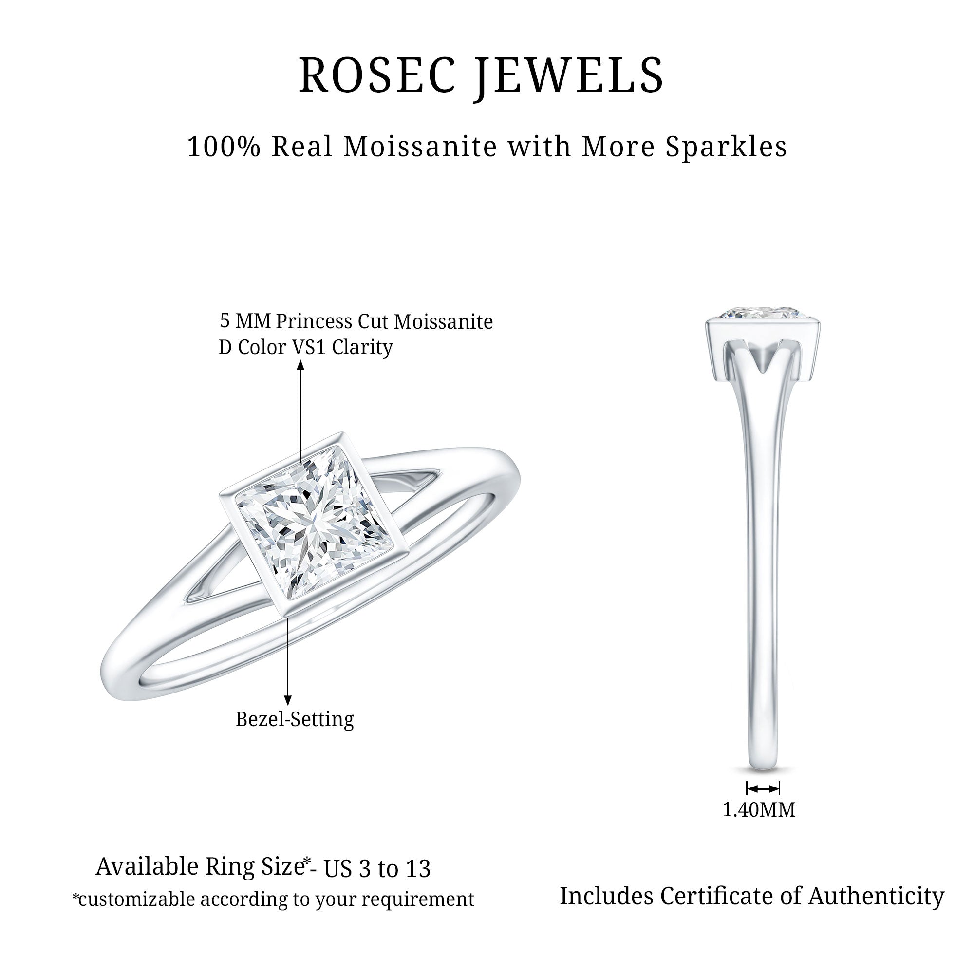 Bezel Set Princess Cut Moissanite Solitaire Promise Ring in Split Shank D-VS1 - Rosec Jewels