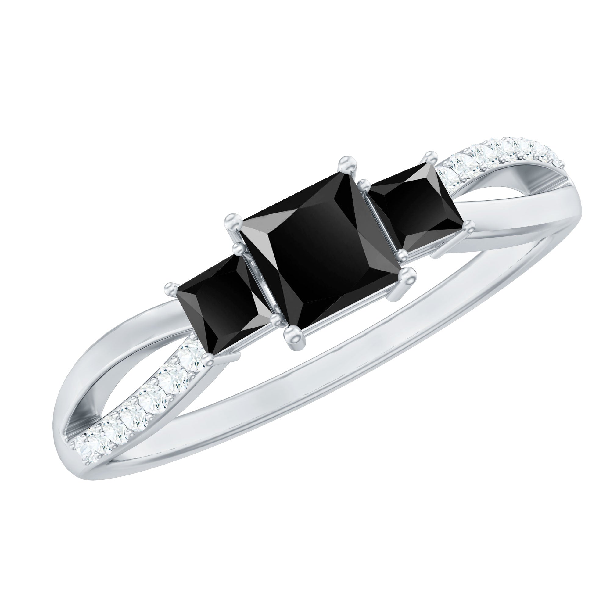 Princess Cut Black Onyx 3 Stone Promise Ring with Diamond